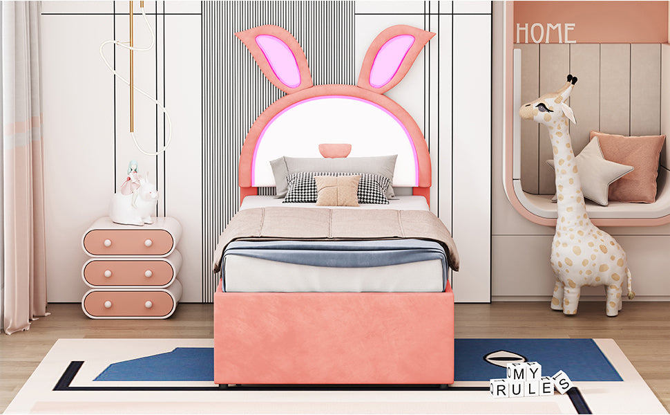 Twin Size Upholstered Platform Bed with Trundle and 3 Drawers, Rabbit-Shaped Headboard with Embedded LED Lights, Pink - Atlantic Fine Furniture Melbourne FL