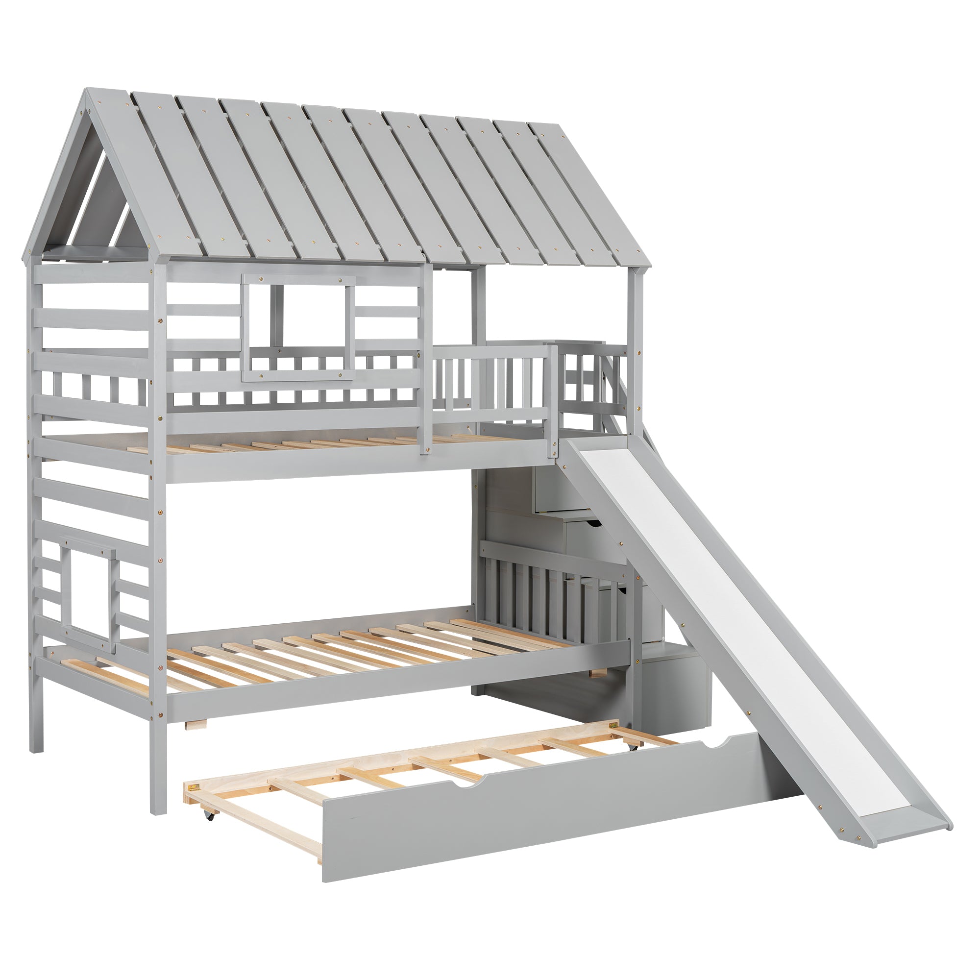 Twin over Twin House Bunk Bed with Trundle and Slide, Storage Staircase, Roof and Window Design, Gray(Old SKU: GX000931AAE) - Atlantic Fine Furniture Melbourne FL