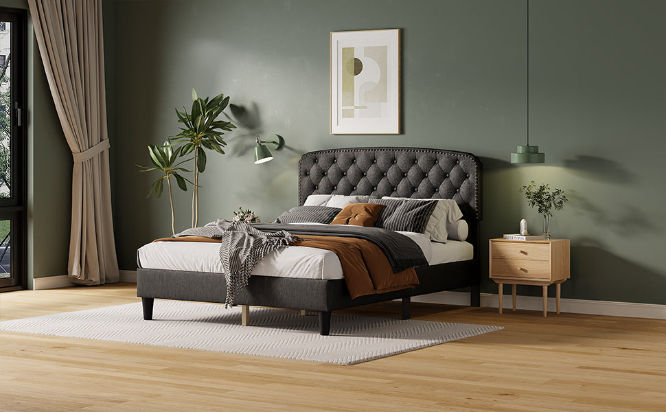 Queen size Adjustable Headboard with Fine Linen Upholstery and Button Tufting for Bedroom, Wave Top Dark Grey