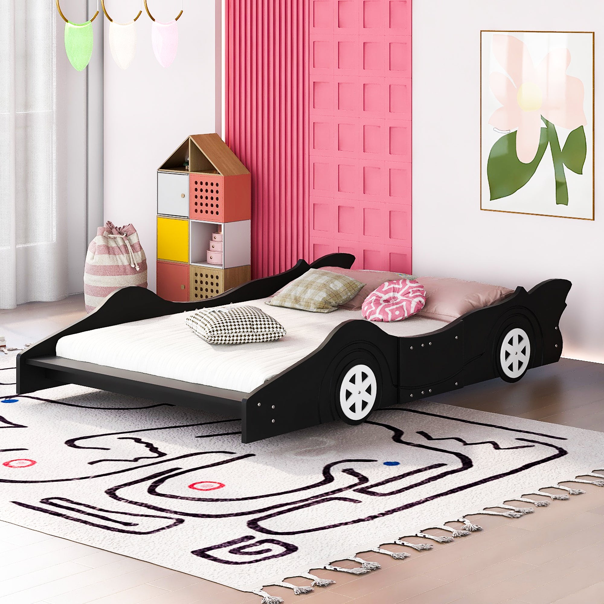 Full Size Race Car-Shaped Platform Bed with Wheels,Black - Atlantic Fine Furniture Melbourne FL