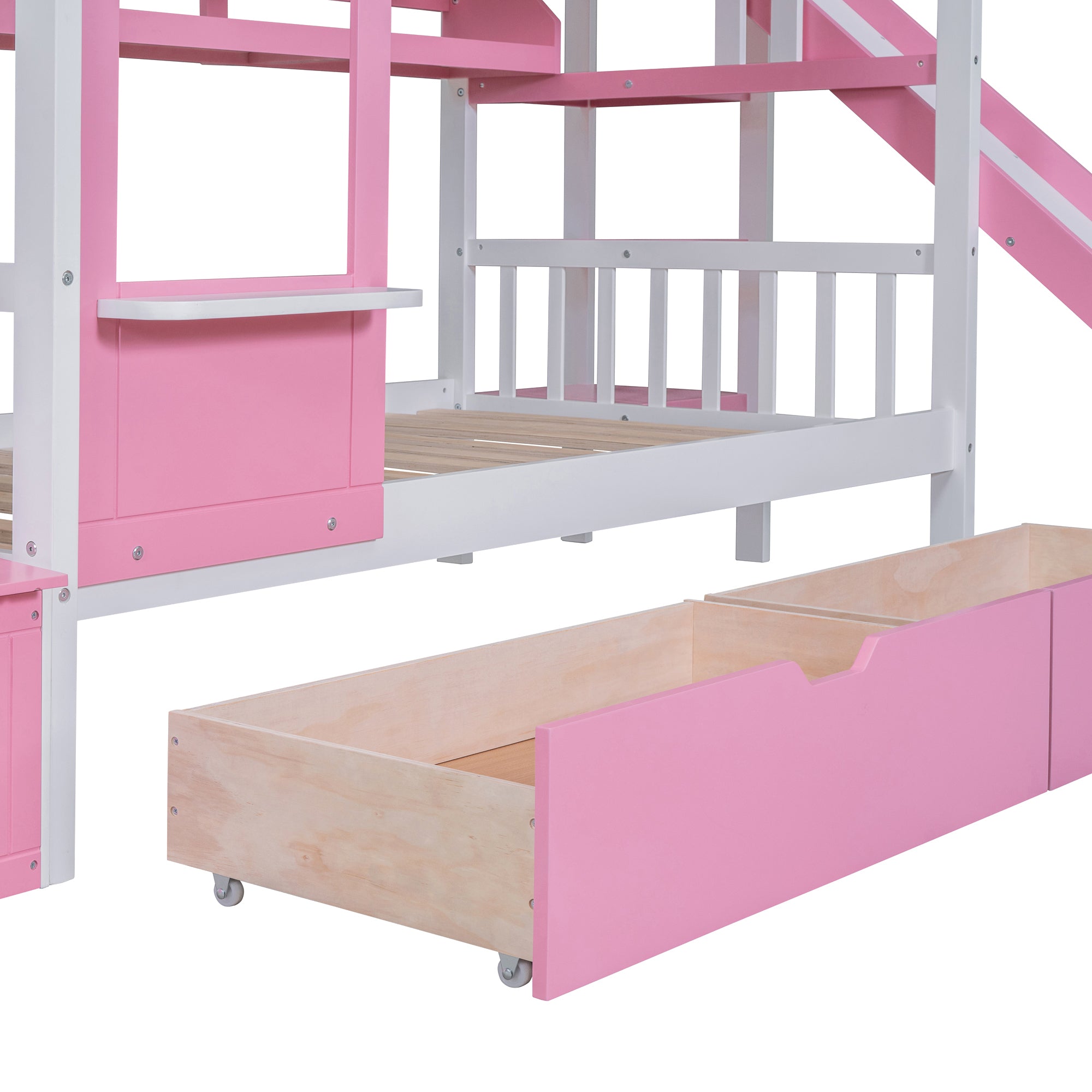 Twin-Over-Twin Castle Style Bunk Bed with 2 Drawers 3 Shelves and Slide - Pink - Atlantic Fine Furniture Melbourne FL