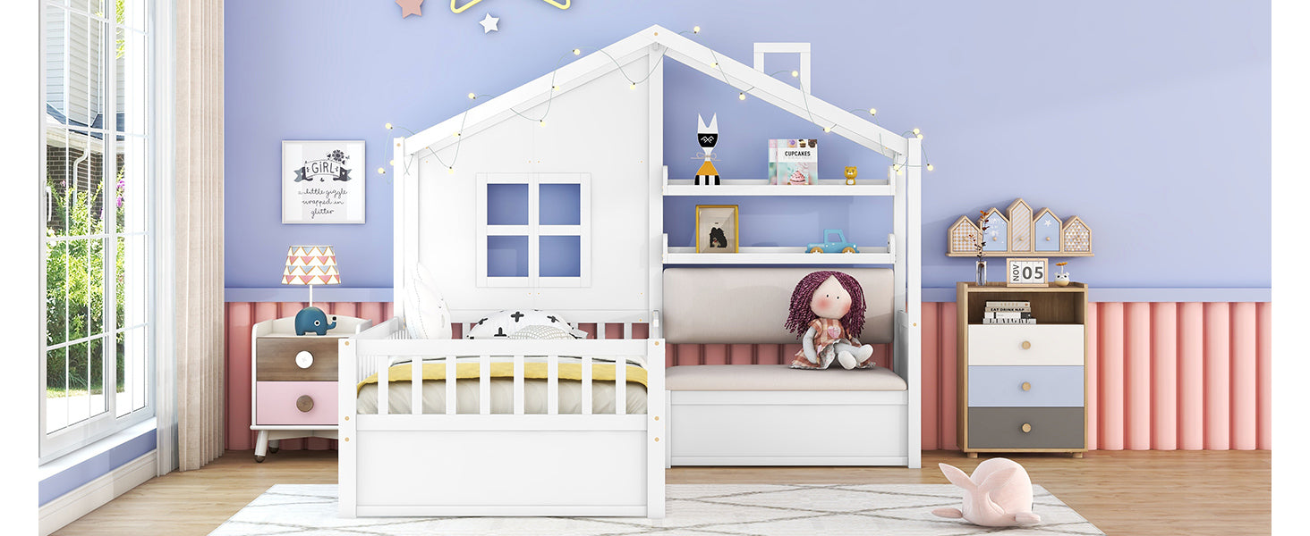 Twin Size House Bed with Sofa, Kids Platform Bed with Two Drawers and Storage Shelf, White - Atlantic Fine Furniture Melbourne FL