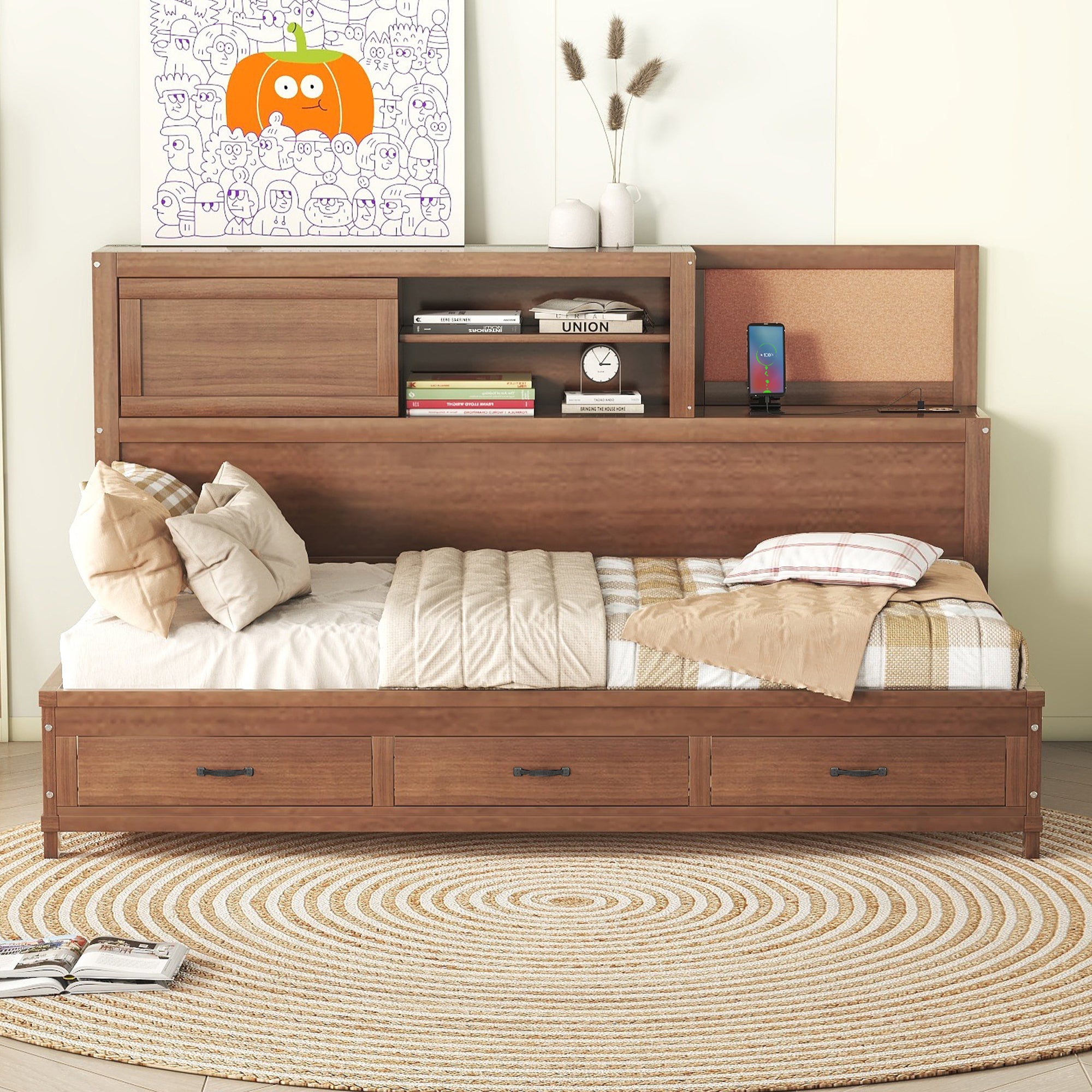 Twin Size Wooden Daybed with 3 Storage Drawers, Upper Soft Board, shelf, and a set of Sockets and USB Ports, Brown - Atlantic Fine Furniture Melbourne FL