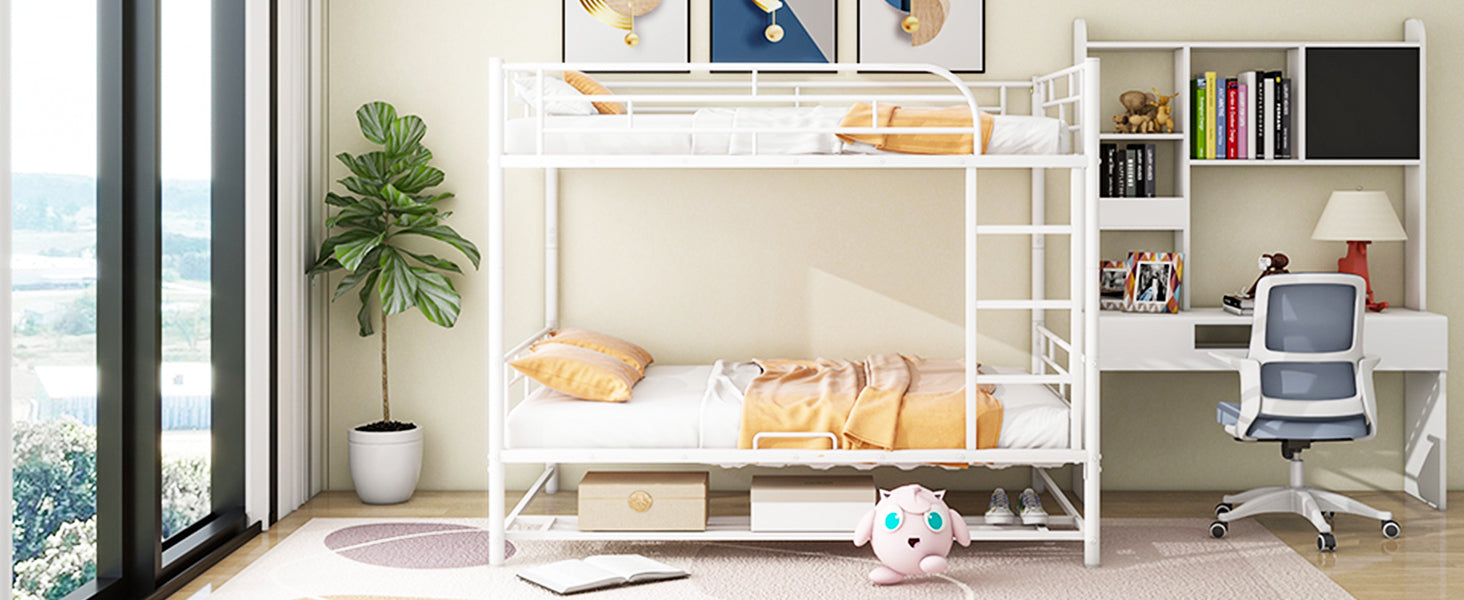 Full Over Full Metal Bunk Bed with Shelf and Guardrails, White - Atlantic Fine Furniture Melbourne FL