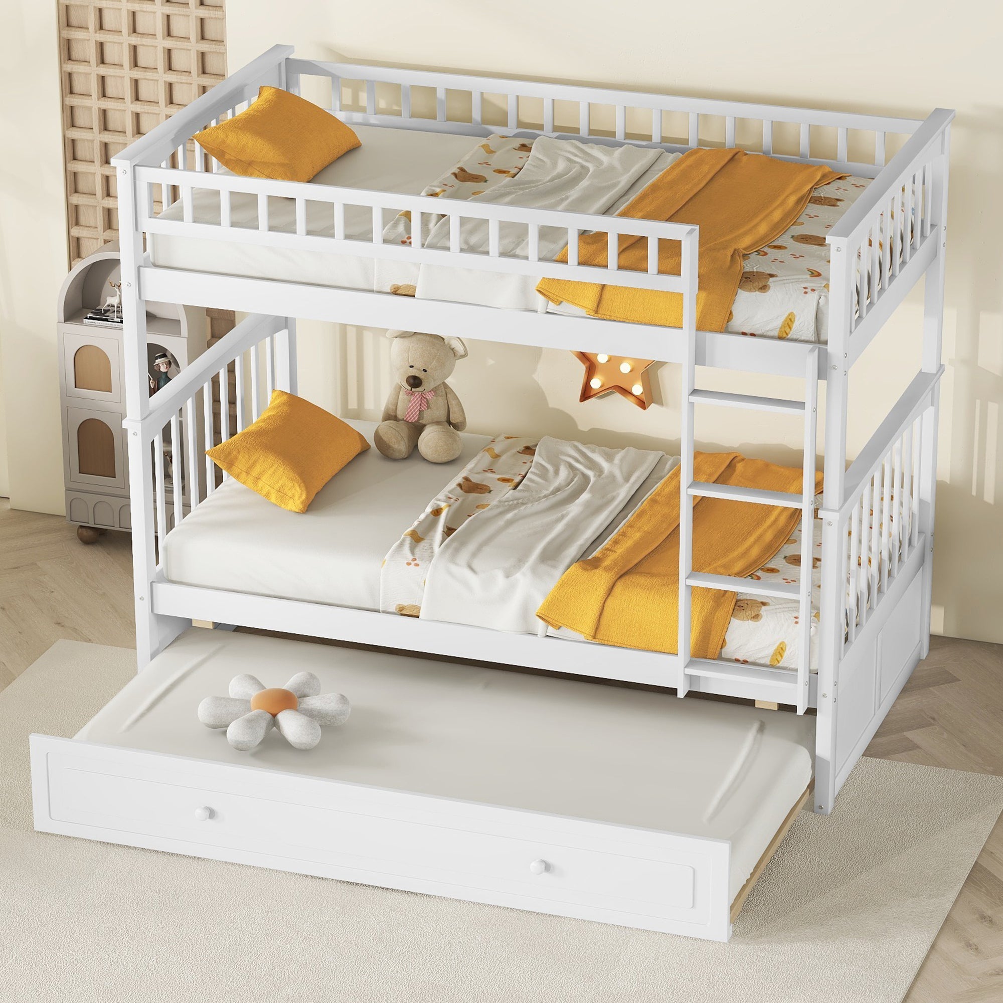 Twin over Twin Bunk Bed with Twin Size Trundle, Convertible Beds, White - Atlantic Fine Furniture Melbourne FL