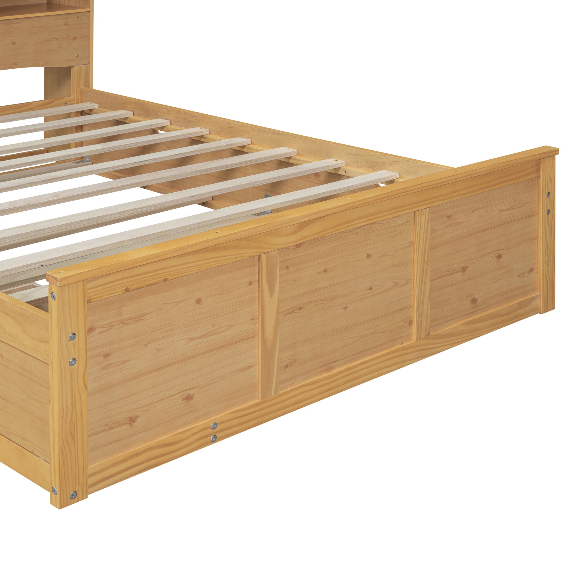 Full Size Wood Pltaform Bed with Twin Size Trundle, 3 Drawers, Upper Shelves and a set of USB Ports & Sockets, Natural - Atlantic Fine Furniture Melbourne FL