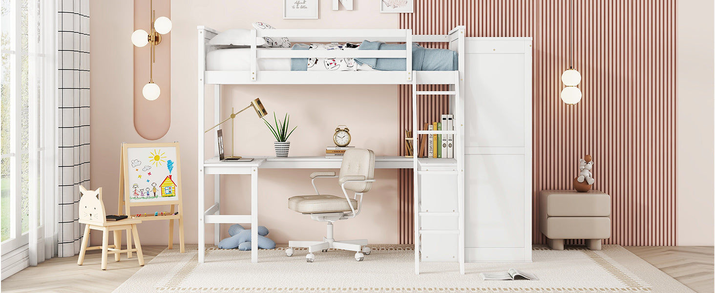 Twin size Loft Bed with Desk, Shelves and Wardrobe-White - Atlantic Fine Furniture Melbourne FL