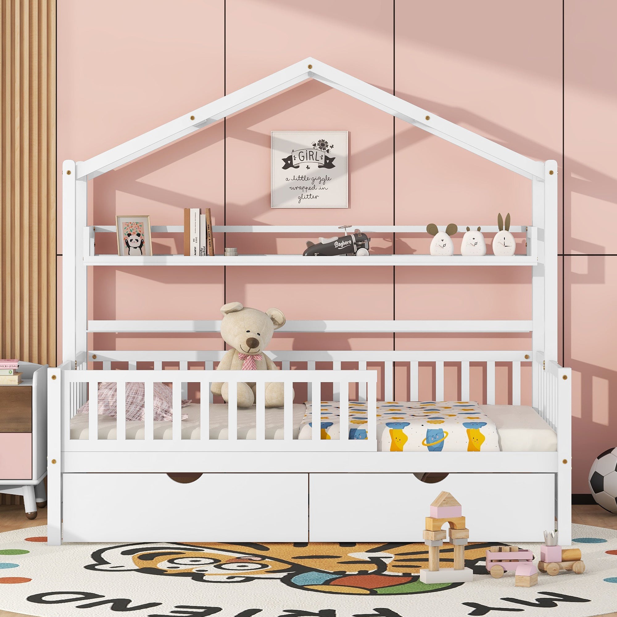Wooden Twin Size House Bed with 2 Drawers,Kids Bed with Storage Shelf, White - Atlantic Fine Furniture Melbourne FL