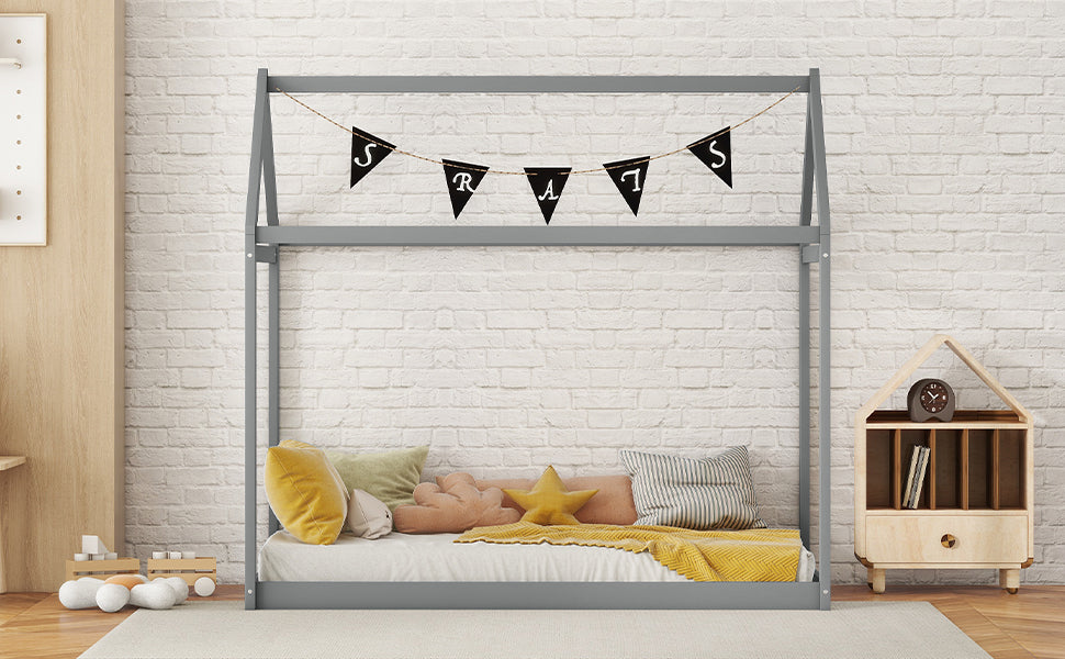 Twin Size Wooden House Bed, Gray - Atlantic Fine Furniture Melbourne FL