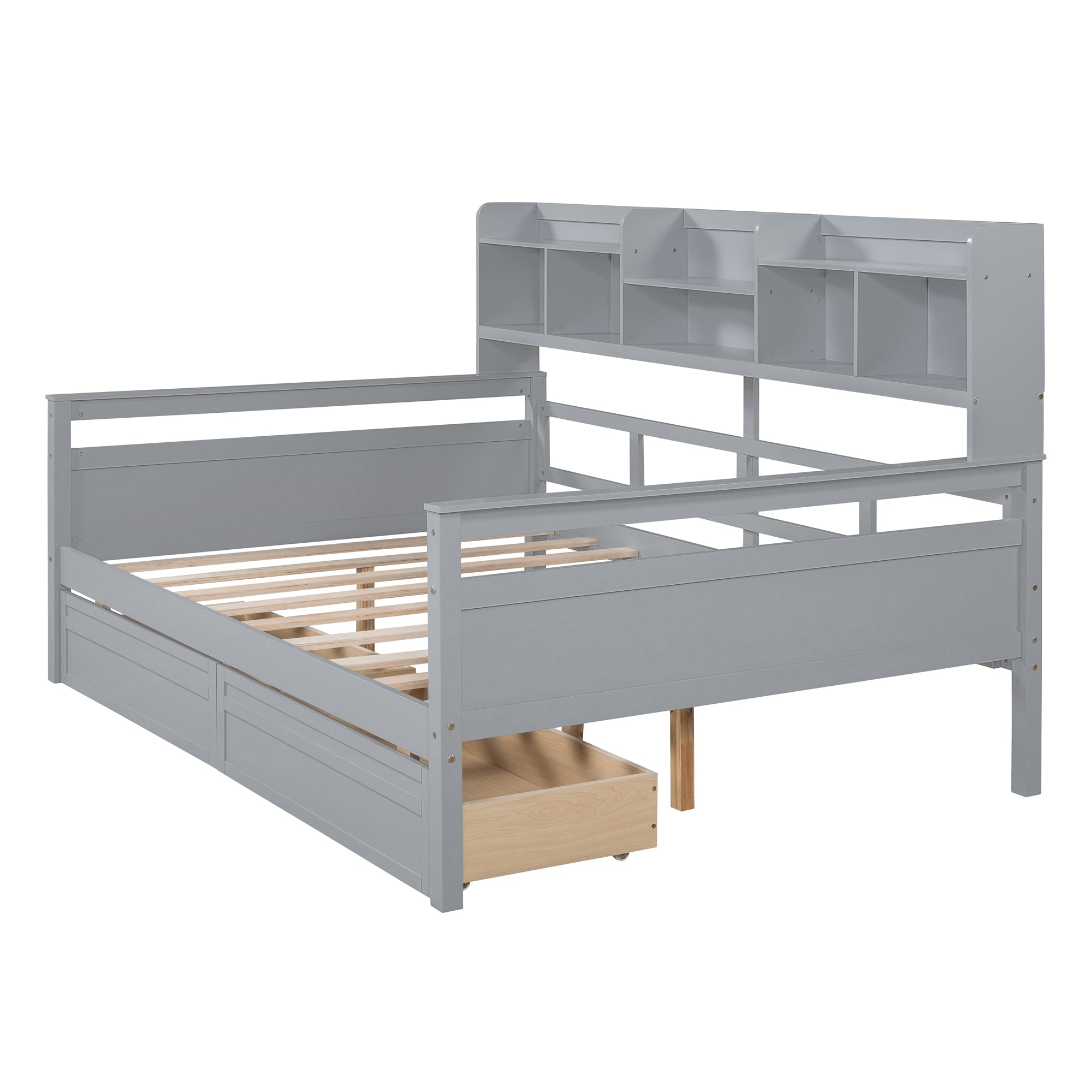 Full size Daybed, Wood Slat Support, with Bedside Shelf and Two Drawers, Gray - Atlantic Fine Furniture Melbourne FL