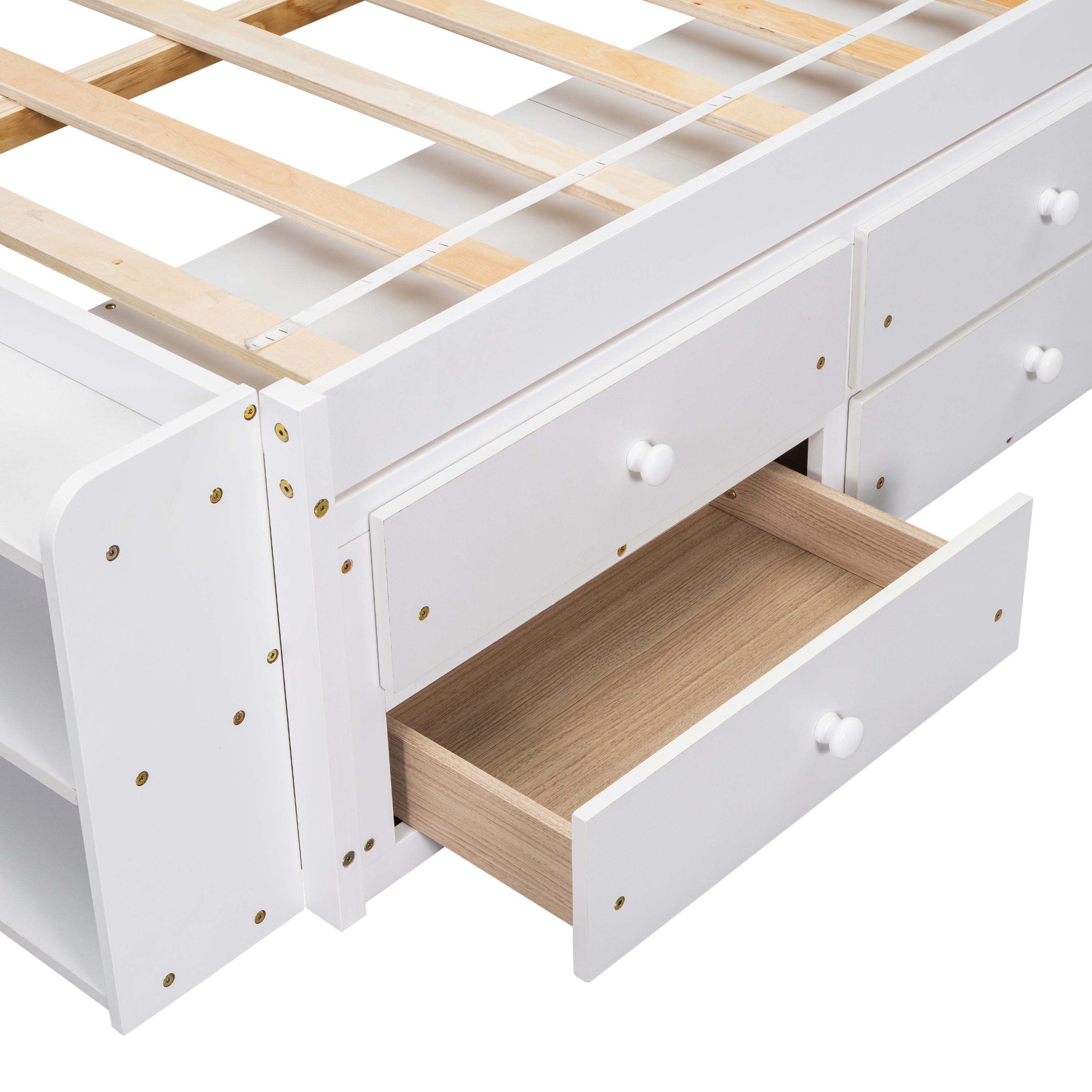 Full Bed with Bookcase Headboard, Under bed Storage Drawers and Bed End Storage Case,White