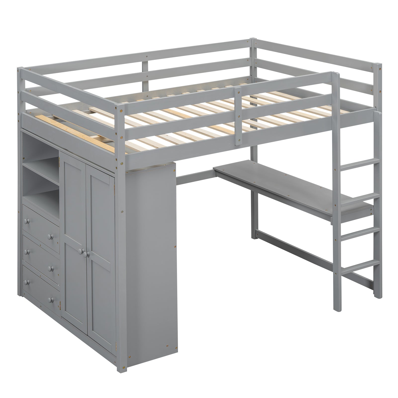 Wood Full Size Loft Bed with Built-in Wardrobe, Desk, Storage Shelves and Drawers, Gray - Atlantic Fine Furniture Melbourne FL
