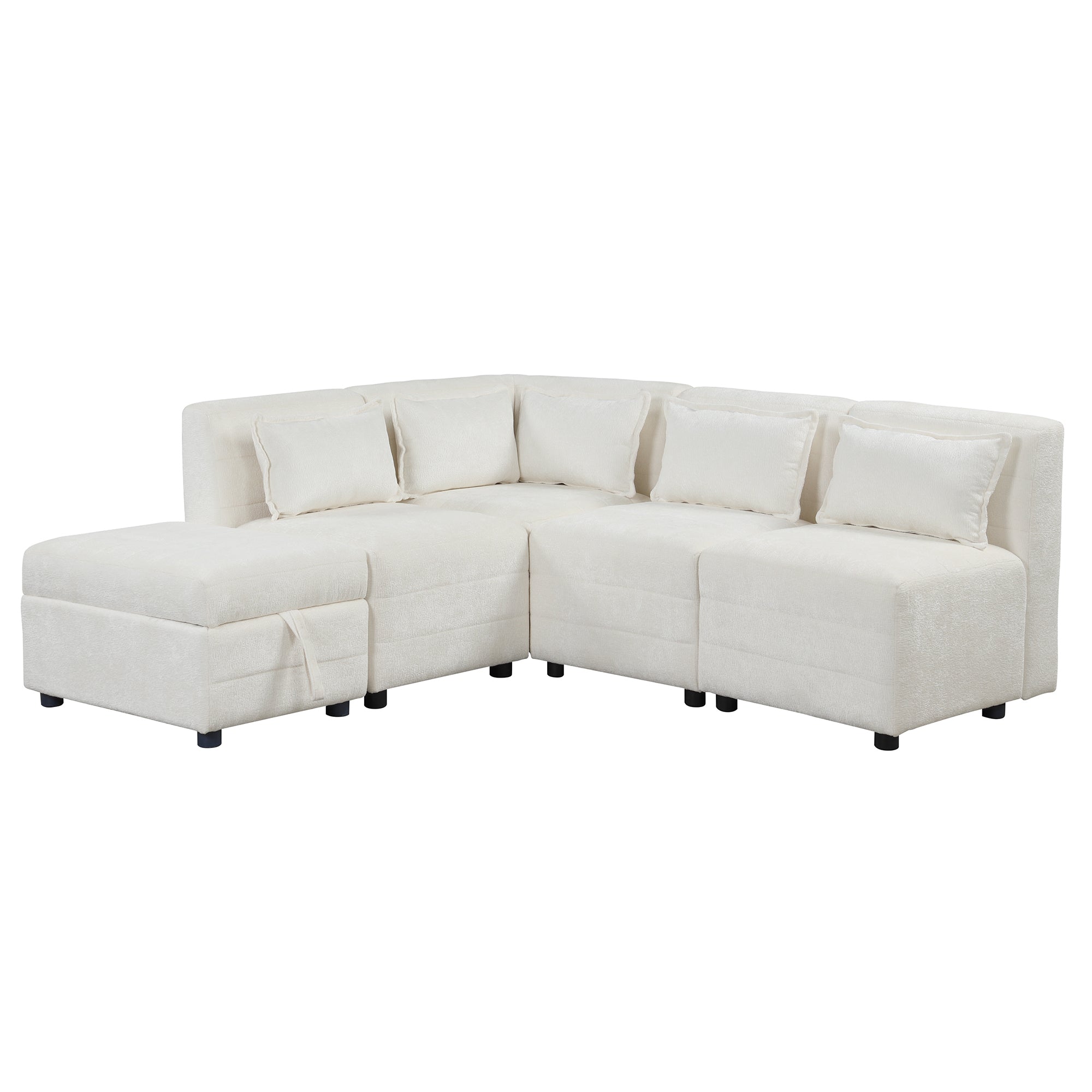 Free-Combined Sectional Sofa 5-seater Modular Couches with Storage Ottoman, 5 Pillows for Living Room, Bedroom, Office, Cream