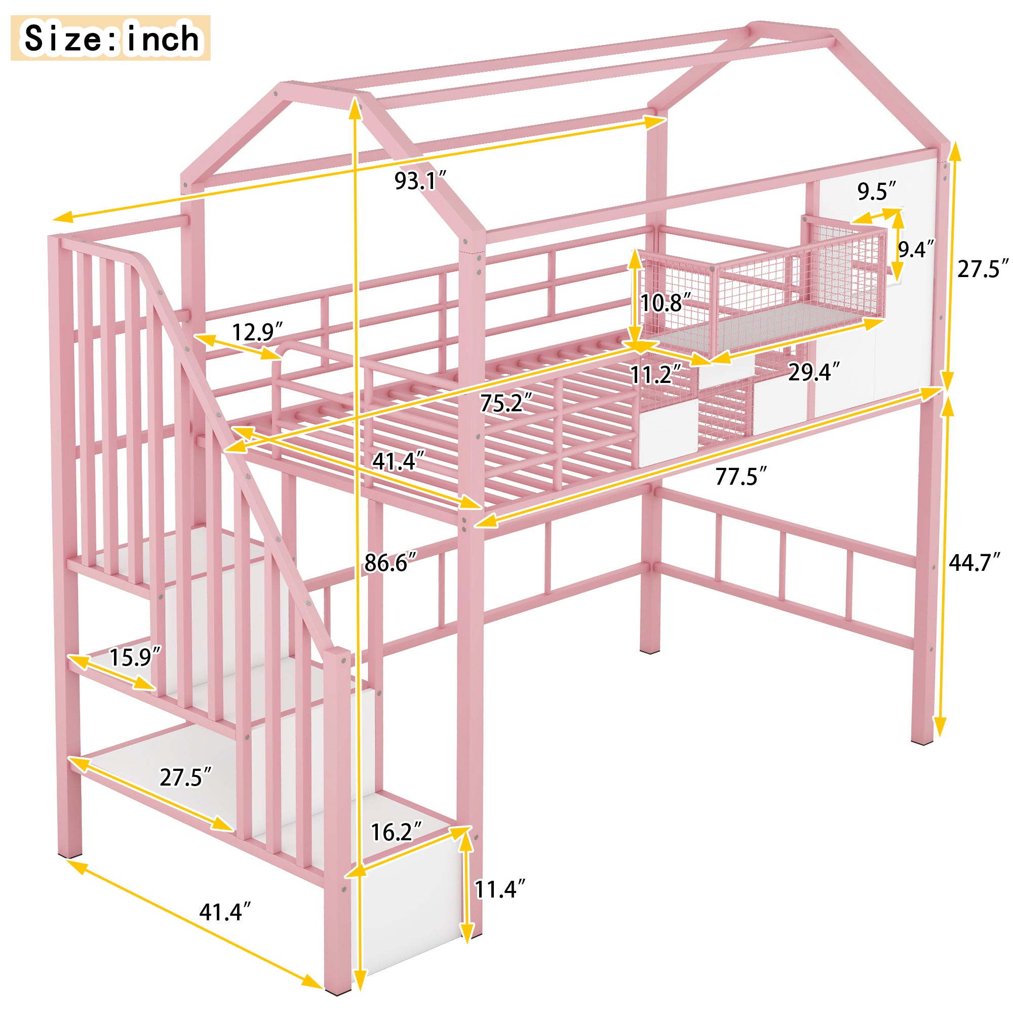 Metal Loft Bed with roof design and a storage box, Twin, Pink - Atlantic Fine Furniture Melbourne FL