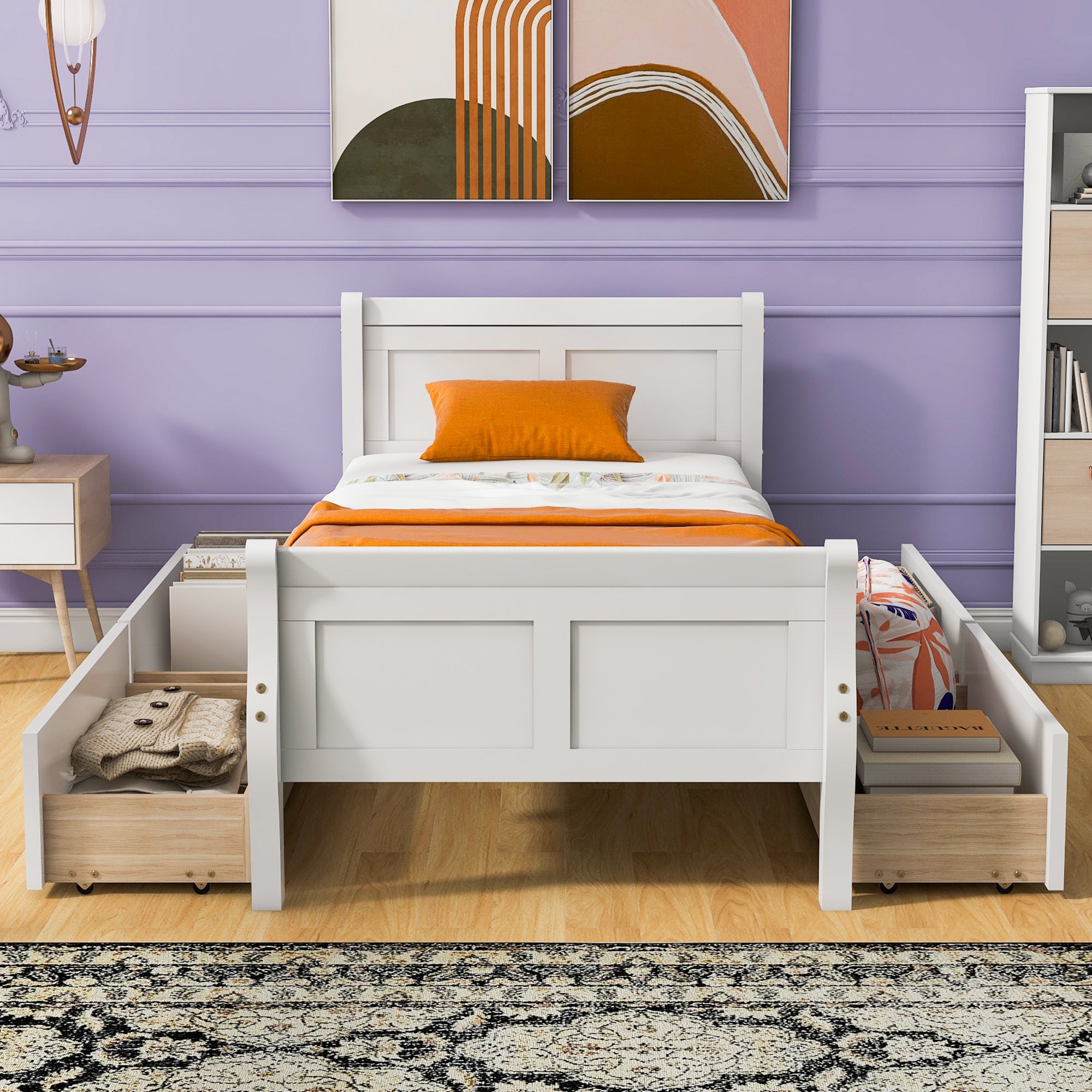 Twin Size Wood Platform Bed with 4 Drawers and Streamlined Headboard & Footboard, White - Atlantic Fine Furniture Melbourne FL