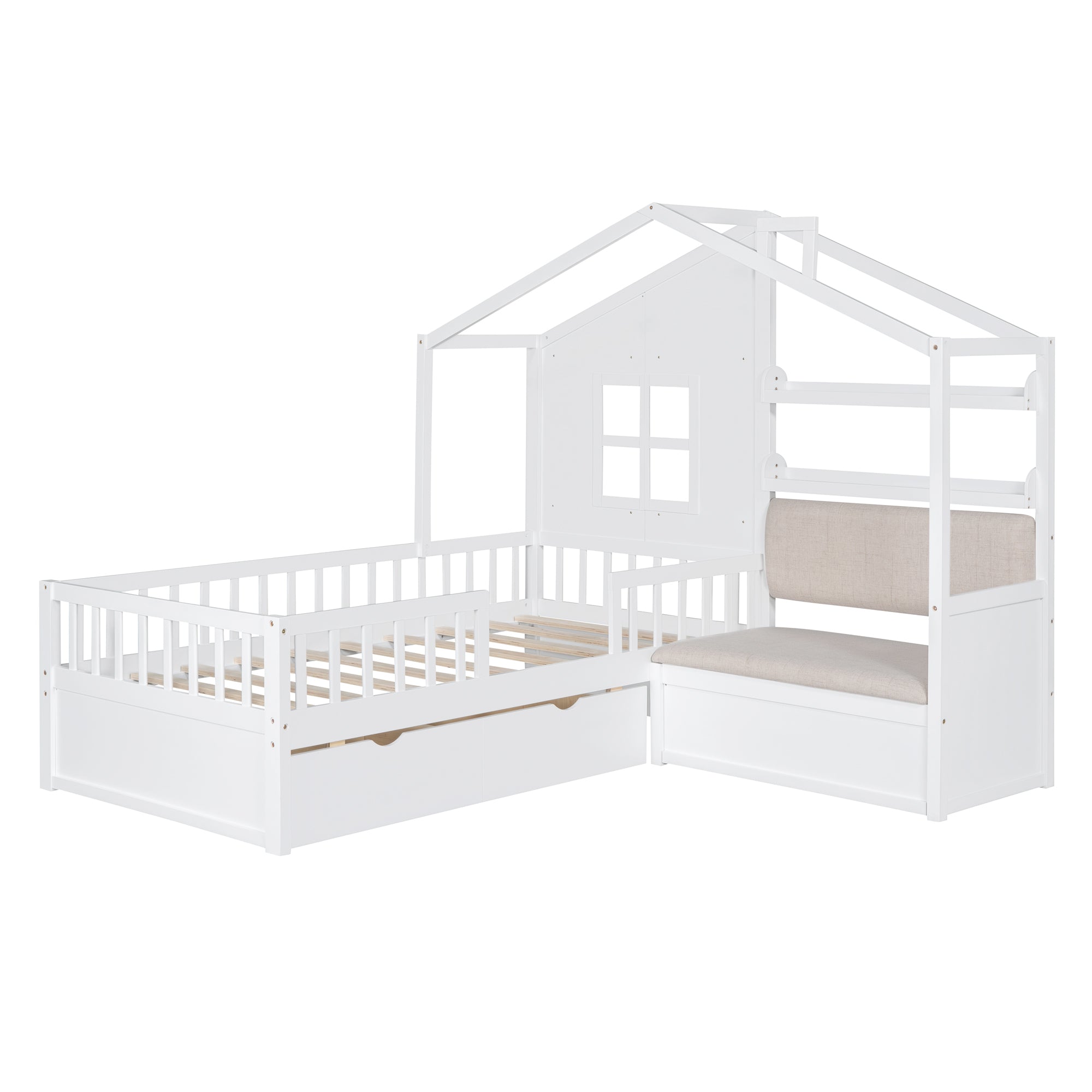 Twin Size House Bed with Sofa, Kids Platform Bed with Two Drawers and Storage Shelf, White - Atlantic Fine Furniture Melbourne FL