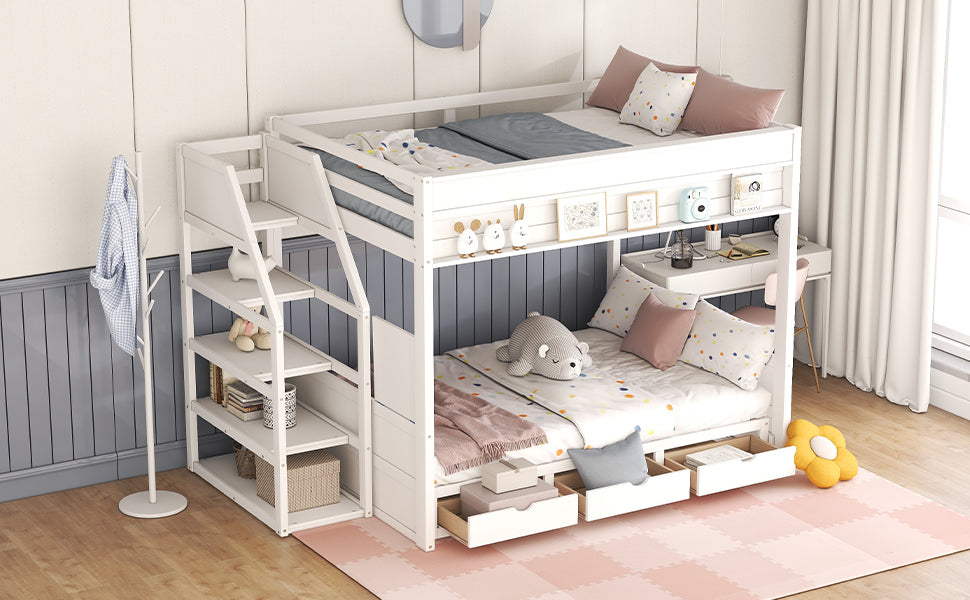 Wood Full Size Convertible Bunk Bed with Storage Staircase, Bedside Table, and 3 Drawers, White - Atlantic Fine Furniture Melbourne FL