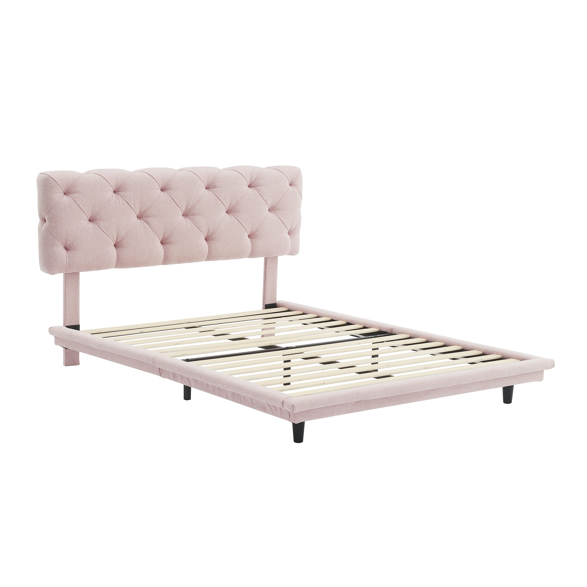 Full Size Upholstered Bed with Light Stripe, Floating Platform Bed, Linen Fabric,Pink - Atlantic Fine Furniture Melbourne FL