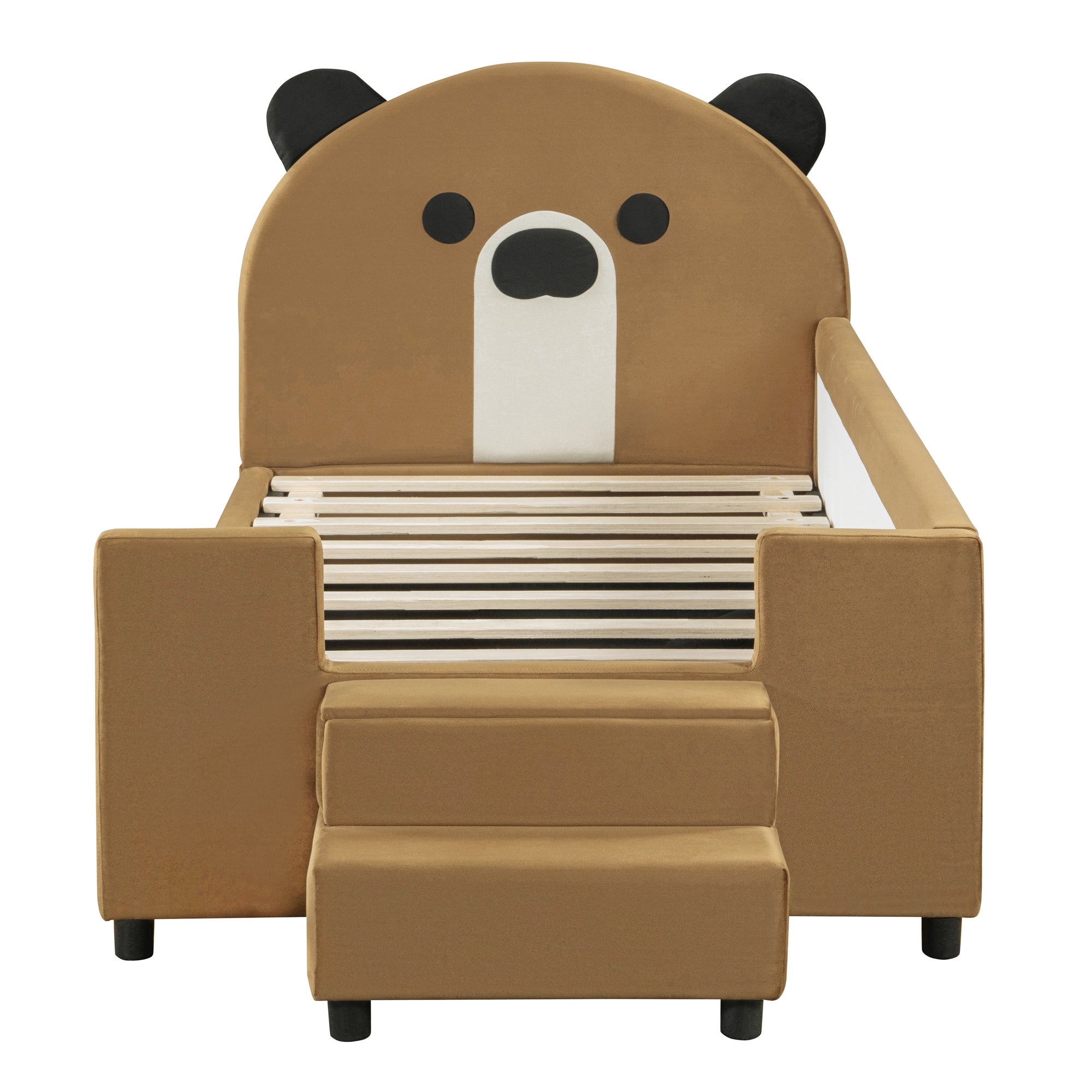 Twin Size Upholstered Daybed with Bear Shaped Headboard, Hydraulic System and Breathable Mesh Fence, Brown - Atlantic Fine Furniture Melbourne FL