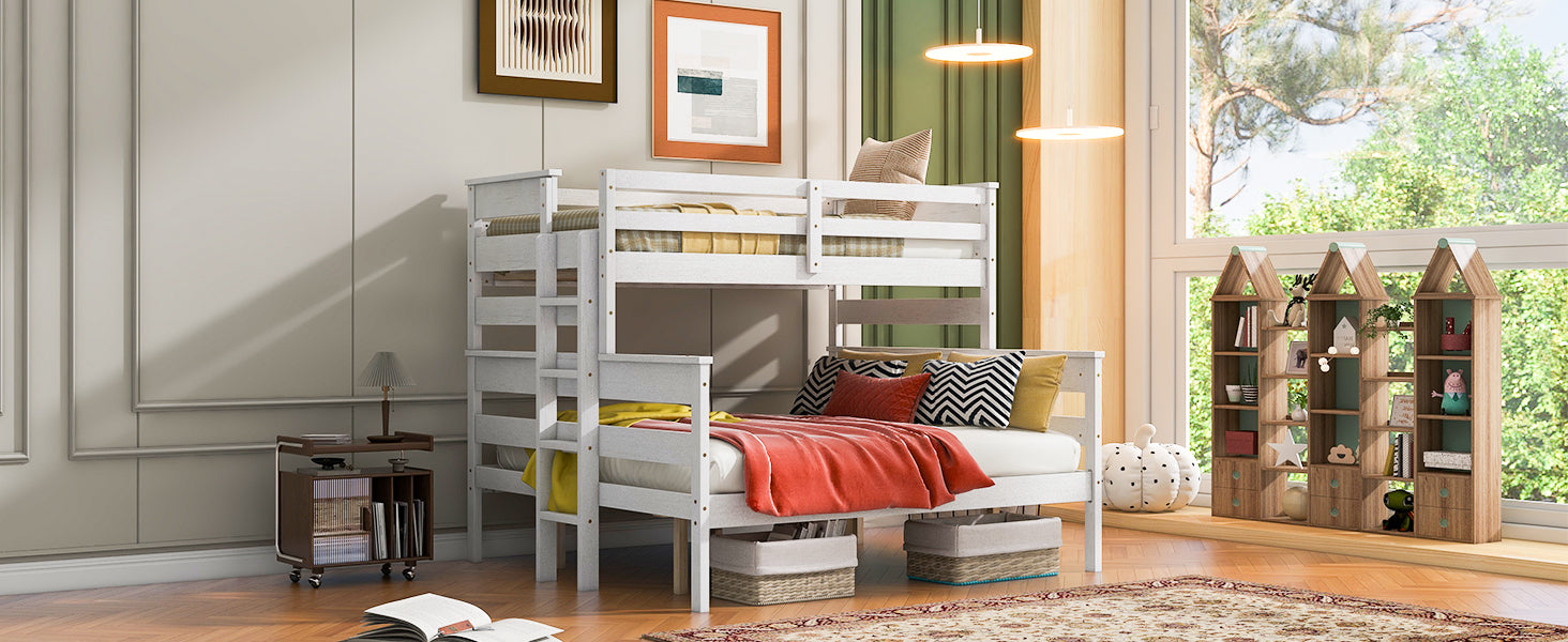 Wood Twin XL over Queen Bunk Bed with Ladder, White - Atlantic Fine Furniture Melbourne FL
