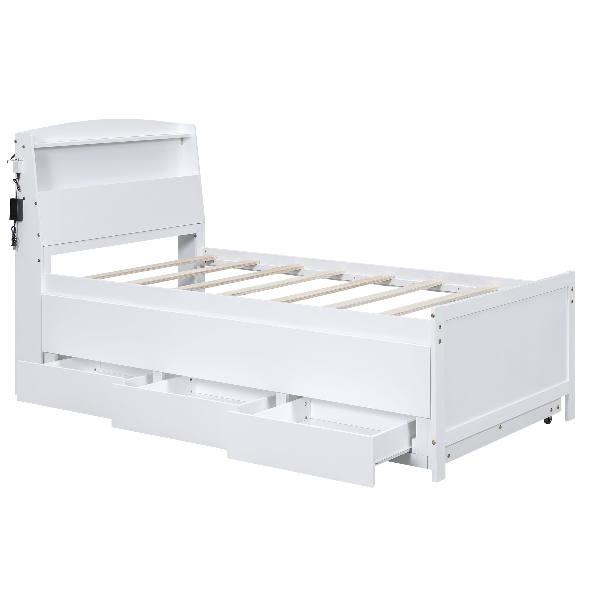 Twin Size Platform Bed with Storage LED Headboard, Twin Size Trundle and 3 Drawers, White - Atlantic Fine Furniture Melbourne FL