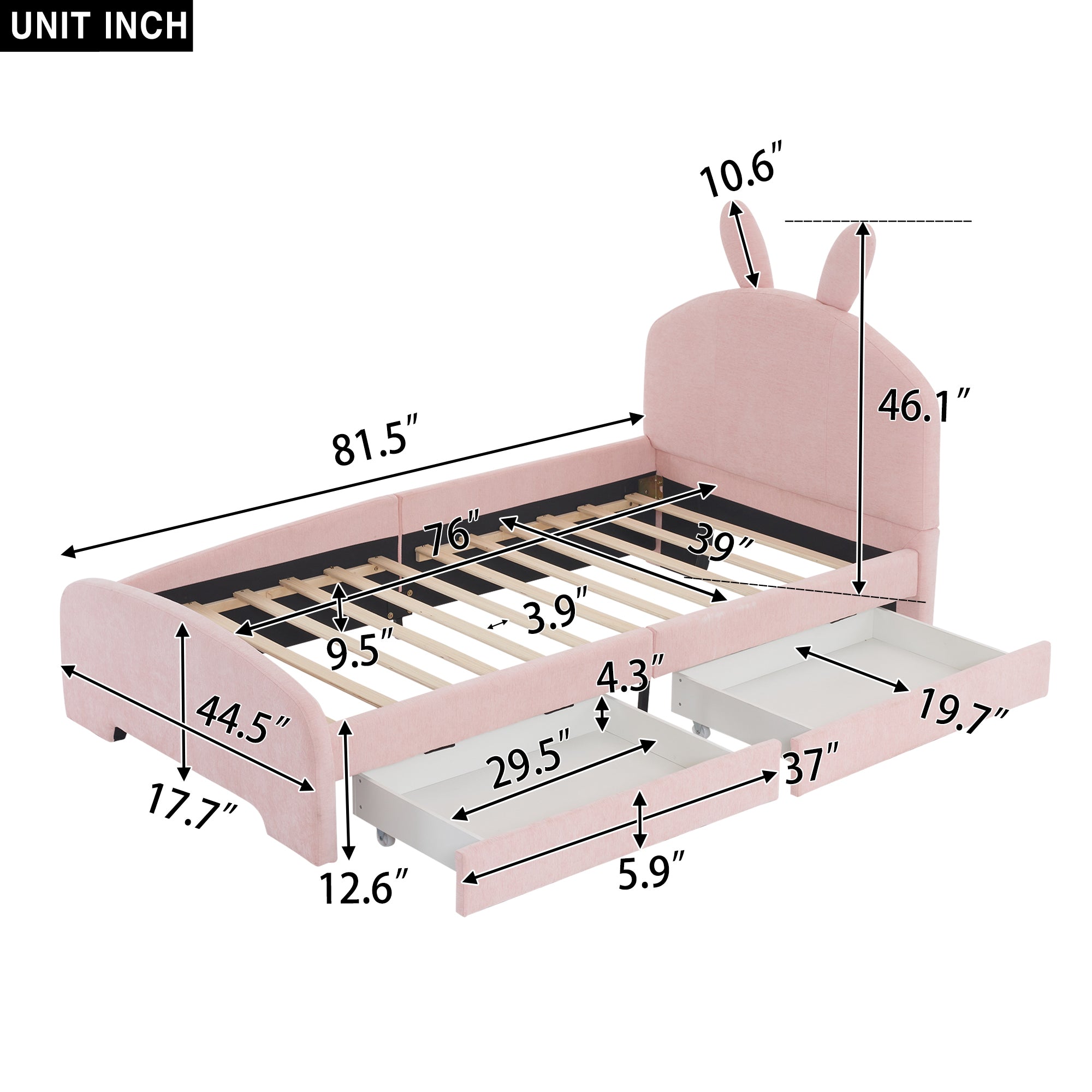 Twin Size Upholstered Platform Bed with Cartoon Ears Shaped Headboard and 2 Drawers, Pink - Atlantic Fine Furniture Melbourne FL
