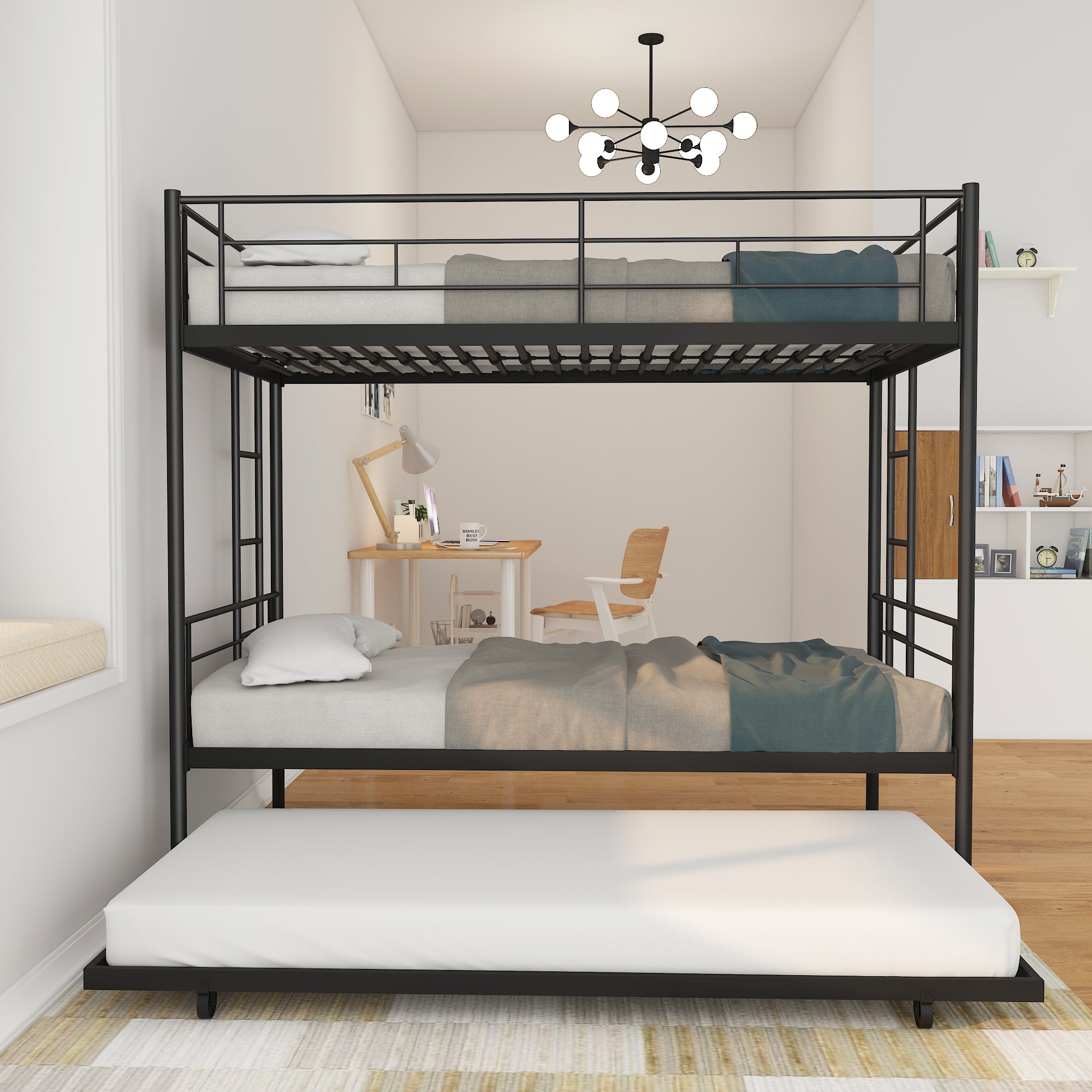 Twin Over Twin Metal Bunk Bed Frame with Trundle(Upgrade reinforcement version) - Atlantic Fine Furniture Melbourne FL