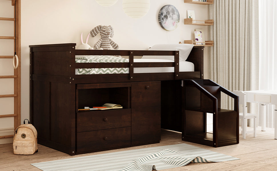 Loft Bed Low Study Twin Size Loft Bed With Storage Steps and Portable,Desk,Espresso(OLD SKU: LT000101AAP) - Atlantic Fine Furniture Melbourne FL