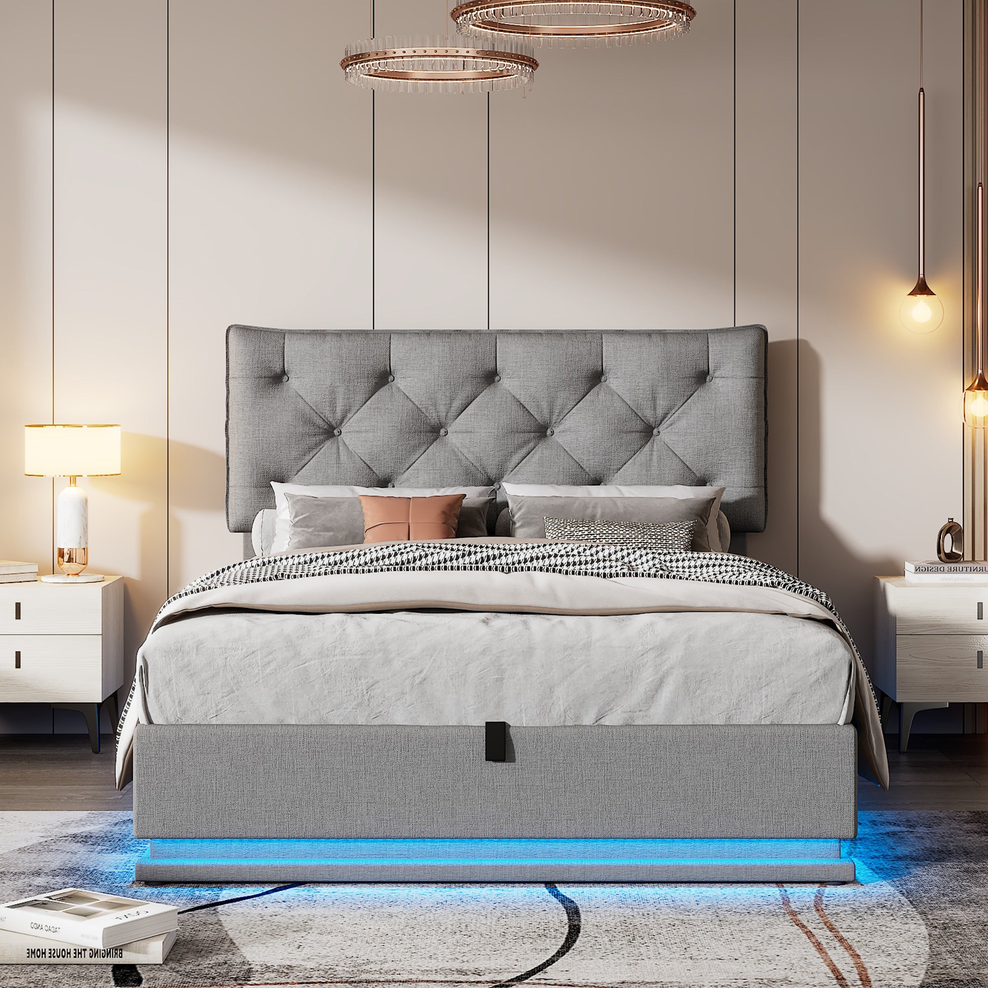 Full Size Upholstered Bed with Hydraulic Storage System and LED Light, Modern Platform Bed with Button-tufted Design Headboard, Gray - Atlantic Fine Furniture Melbourne FL
