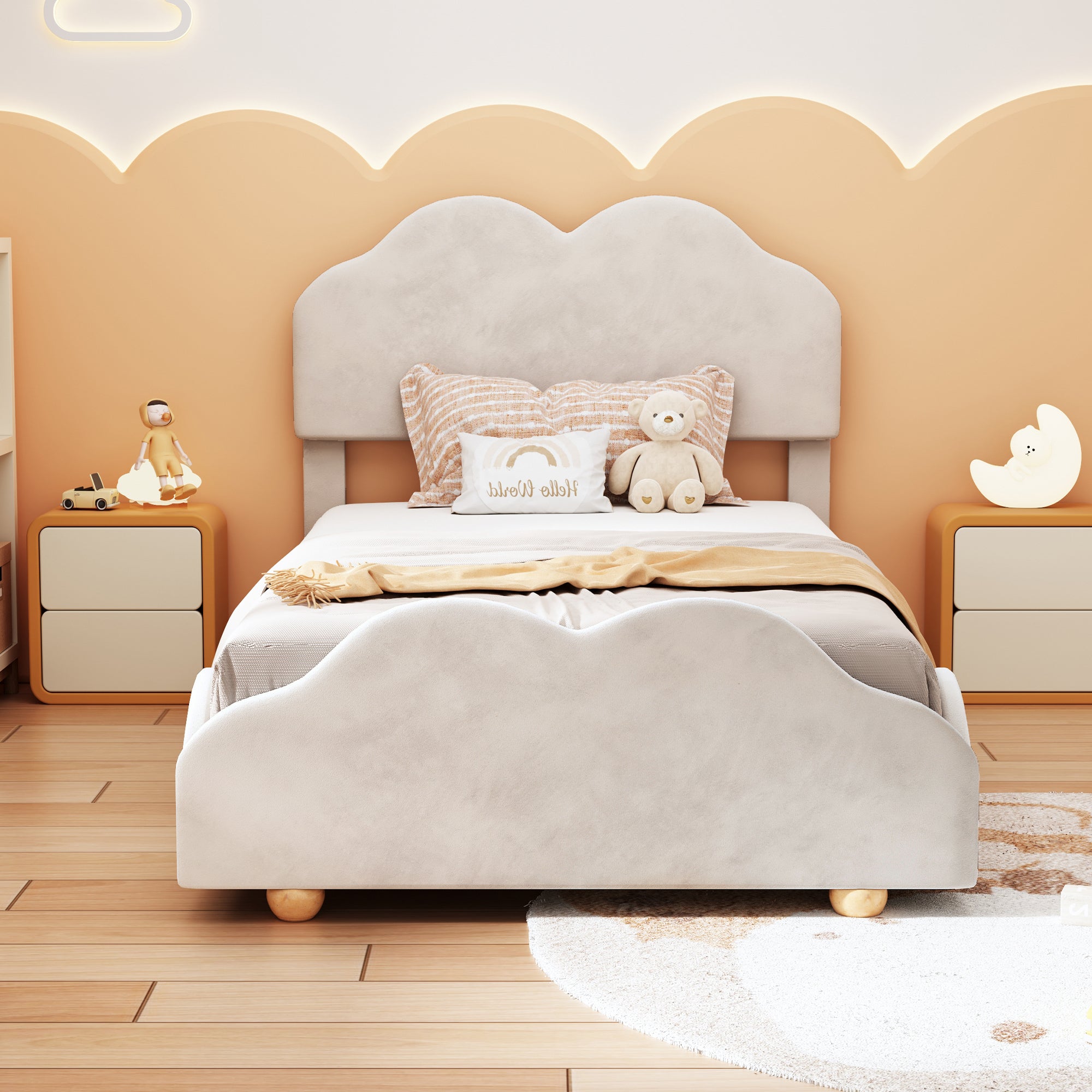 Twin Size Upholstered Platform Bed with Cloud Shaped bed board, Beige - Atlantic Fine Furniture Melbourne FL