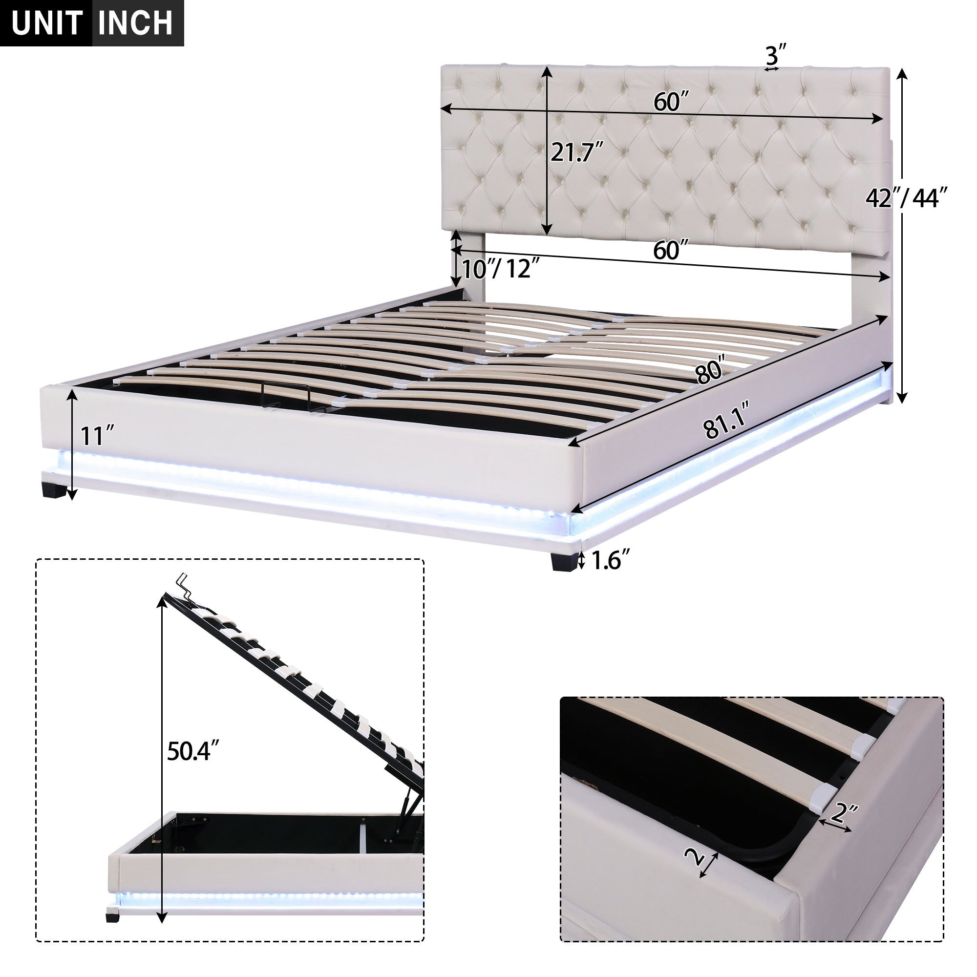 Queen Size Storage Upholstered Platform Bed with Adjustable Tufted Headboard and LED Light, Beige - Atlantic Fine Furniture Melbourne FL