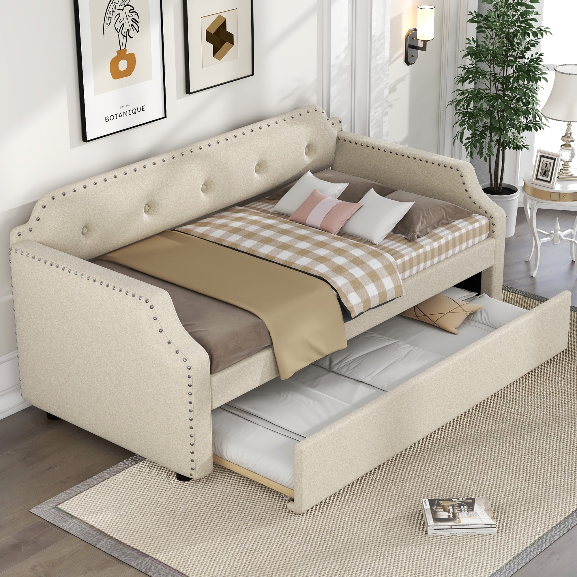 Upholstered Daybed with Trundle, Wood Slat Support,Upholstered Frame Sofa Bed, Twin, Beige - Atlantic Fine Furniture Melbourne FL
