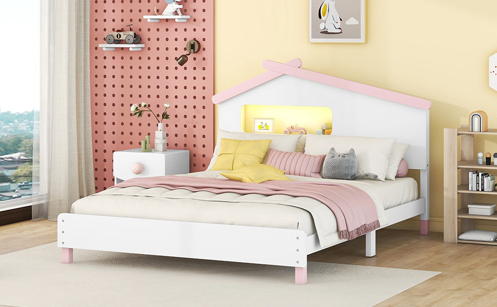 Full Size Wood Platform Bed with House-shaped Headboard and Motion Activated Night Lights (White+Pink) - Atlantic Fine Furniture Melbourne FL