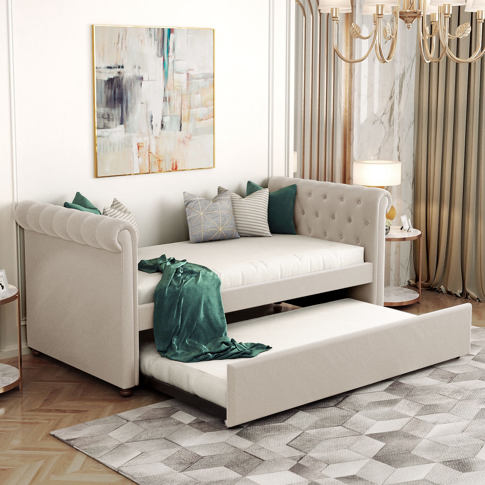 Twin Size Upholstered daybed with Trundle, Wood Slat Support, Beige(OLD SKU :LP000116AAA) - Atlantic Fine Furniture Melbourne FL