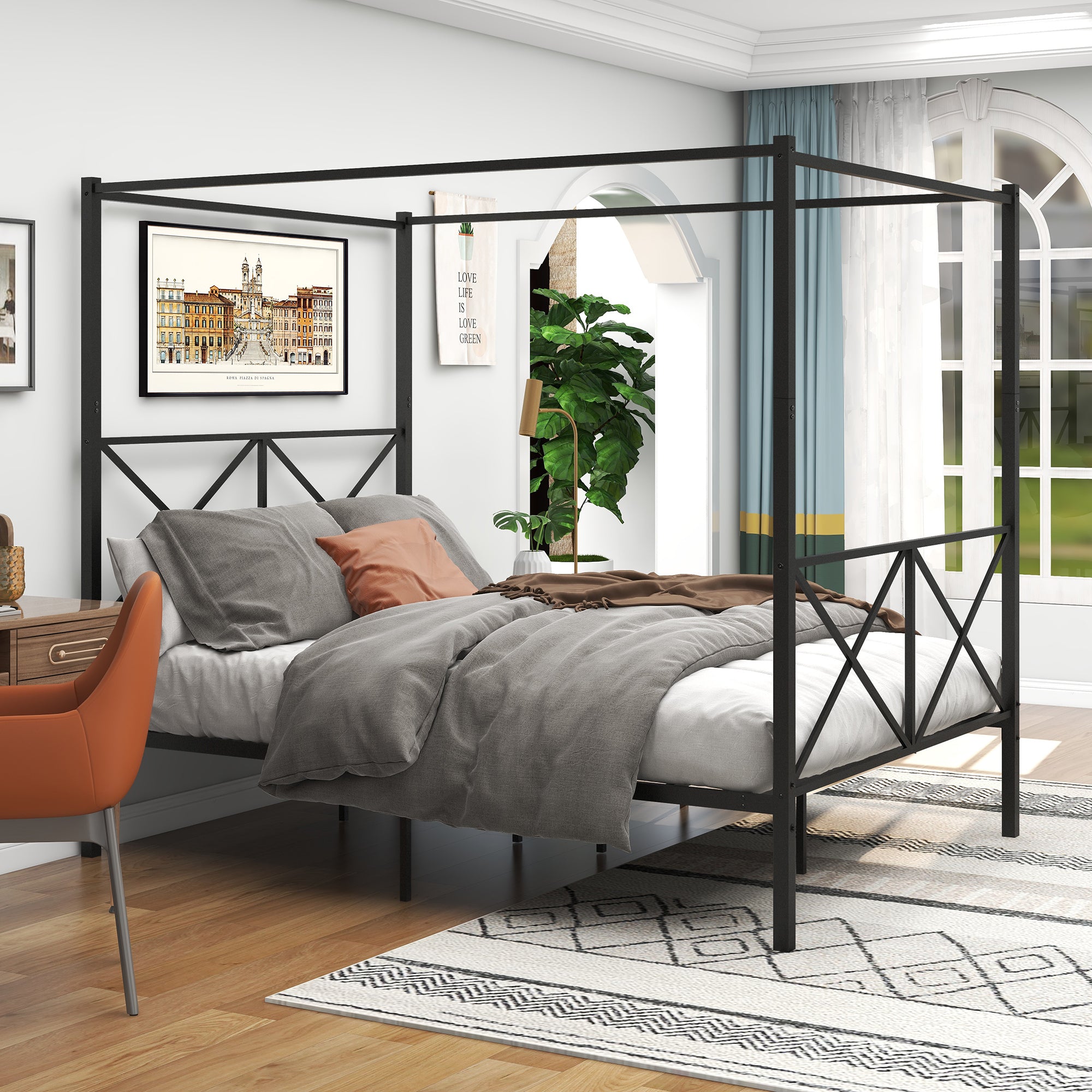 Metal Canopy Bed Frame, Platform Bed Frame Queen with X Shaped Frame Queen Black(same as W84034643) - Atlantic Fine Furniture Melbourne FL