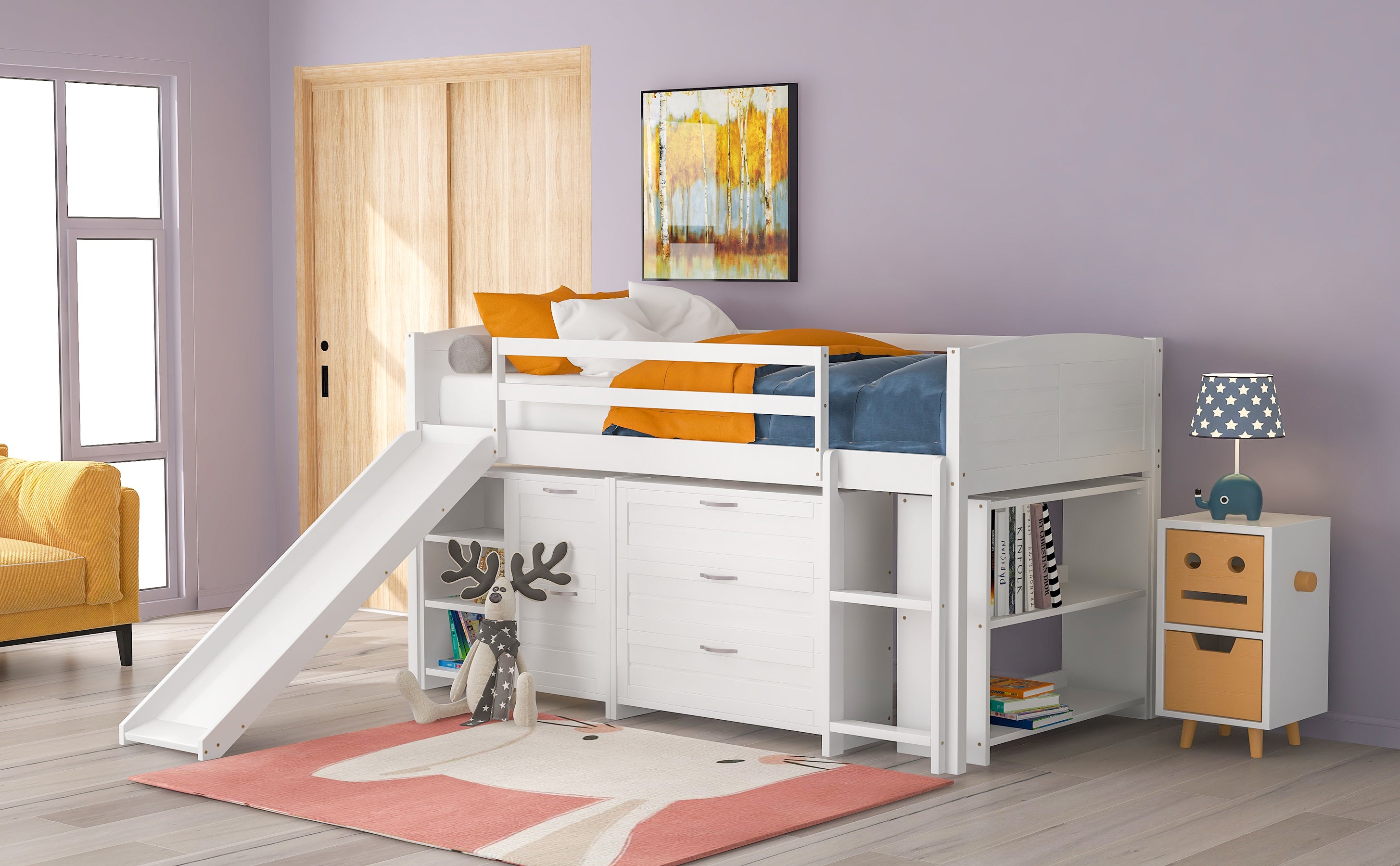 Low Twin Size Loft Bed with Cabinets, Shelves and Slide - White(OLD SKU :LP000503AAK) - Atlantic Fine Furniture Melbourne FL