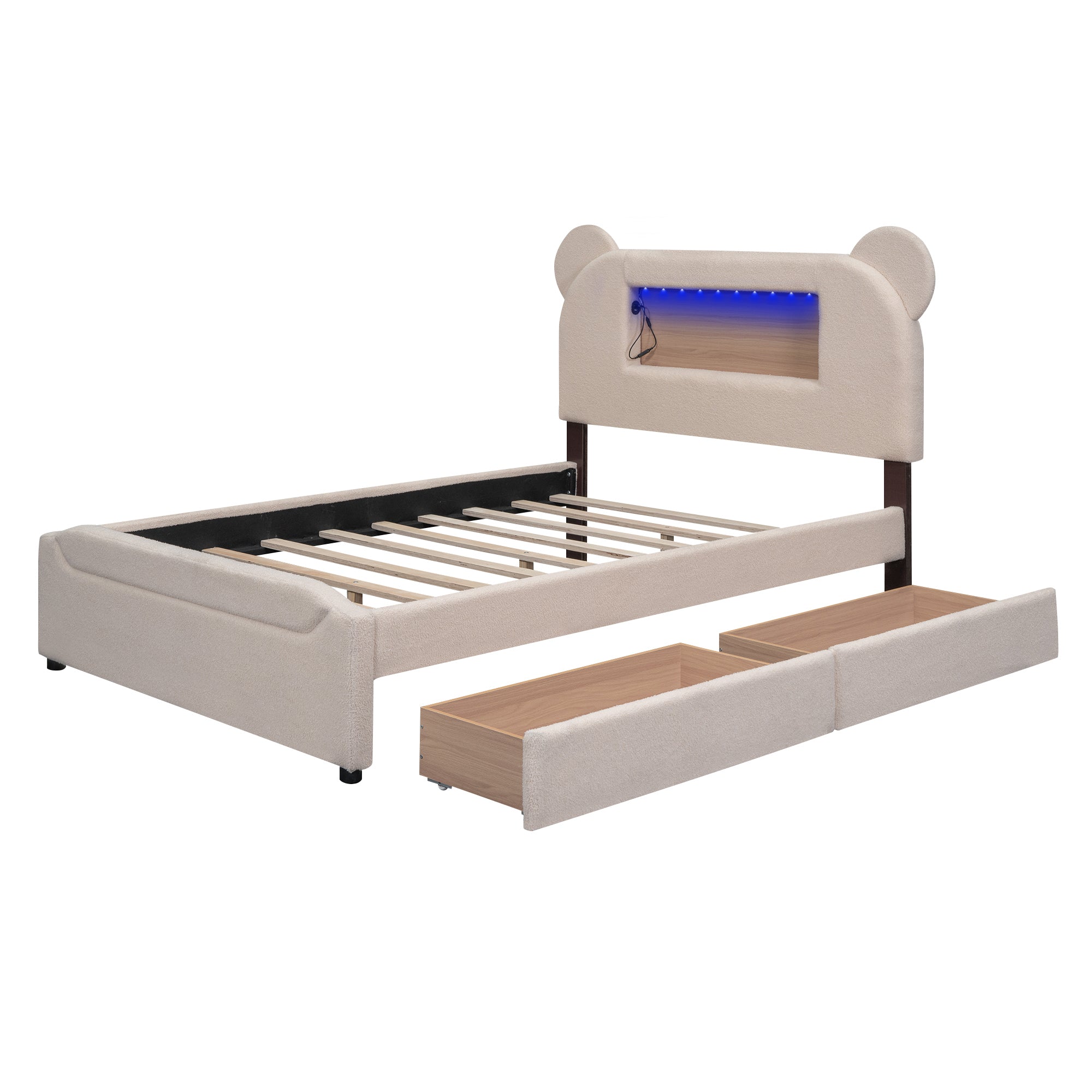 Full Size Upholstered Storage Platform Bed with Cartoon Ears Shaped Headboard, LED and USB, Beige - Atlantic Fine Furniture Melbourne FL