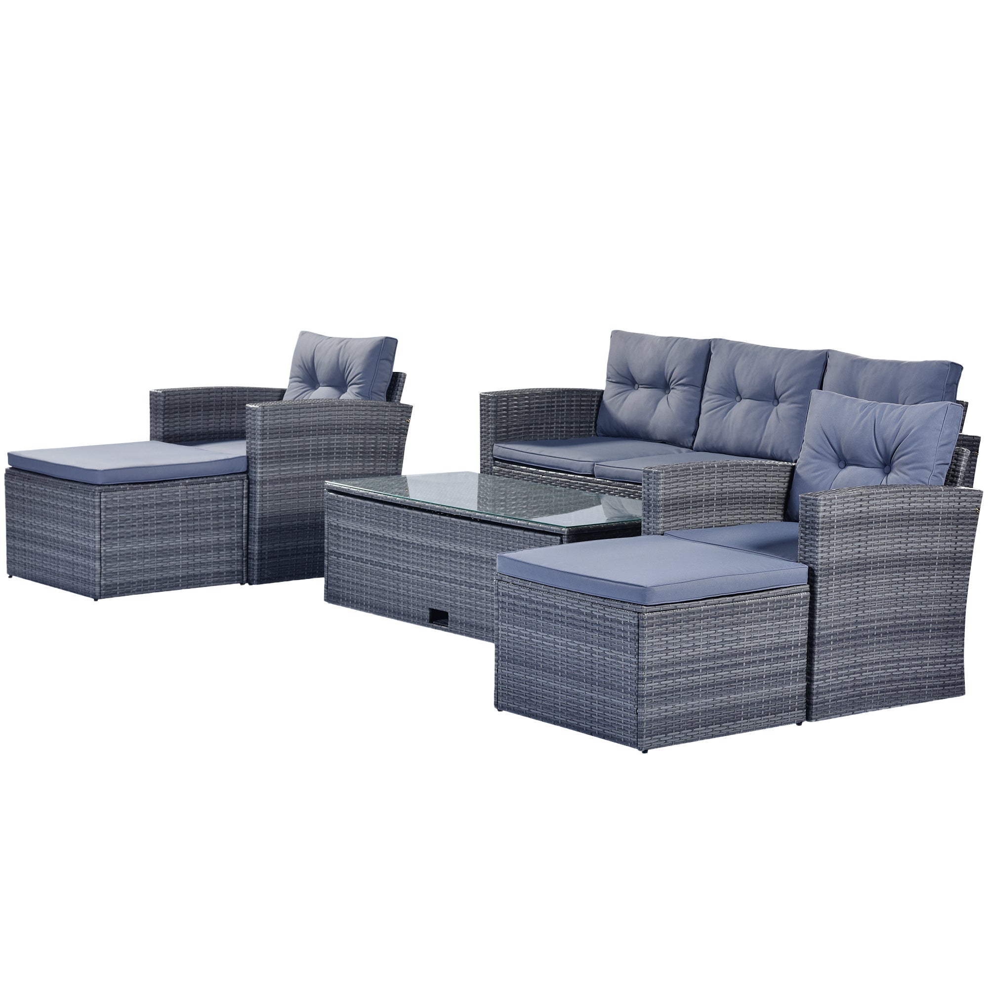 GO 6-piece All-Weather Wicker PE rattan Patio Outdoor Dining Conversation Sectional Set with coffee table, wicker sofas, ottomans, removable cushions (Dark grey wicker, Light grey cushion)