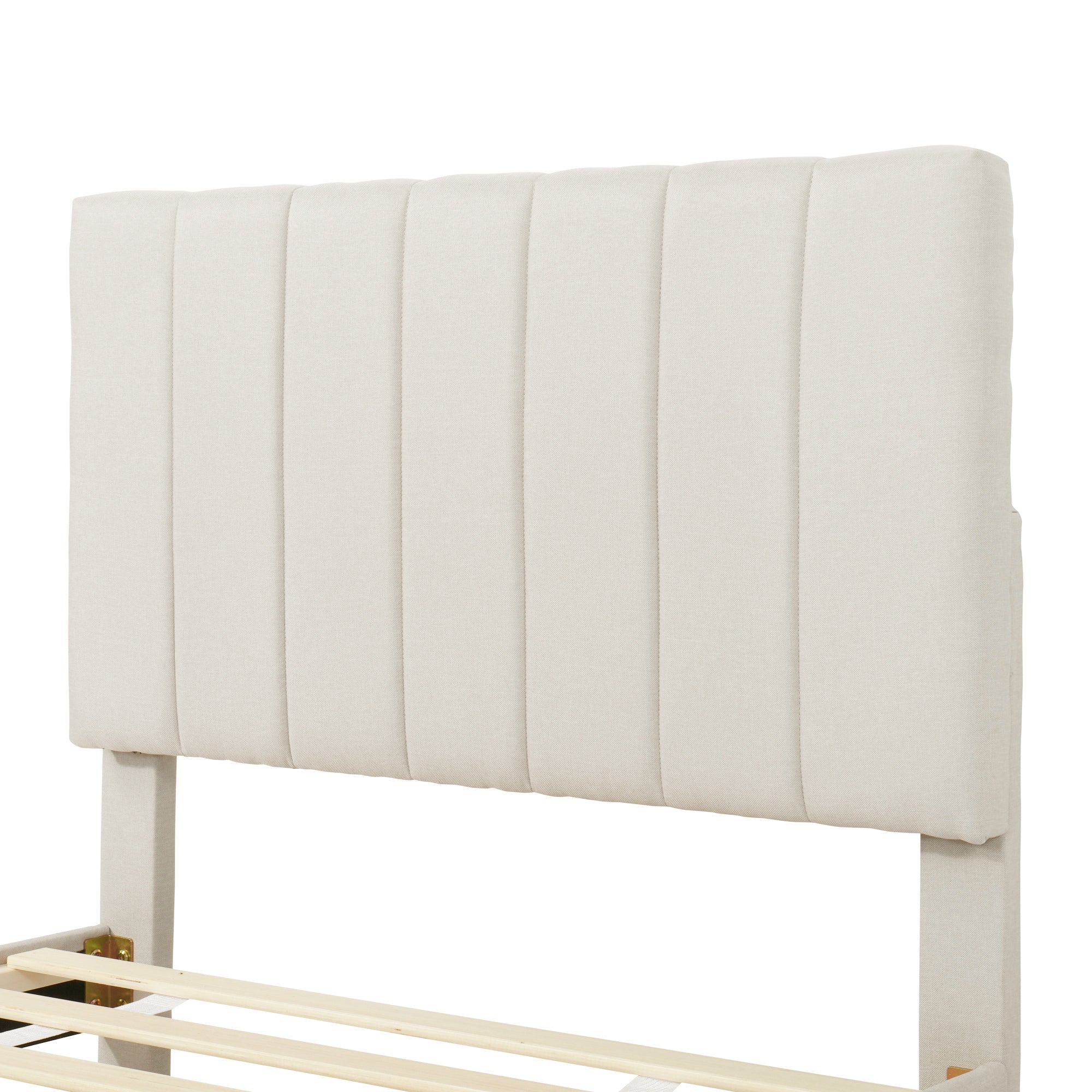 Twin Size Upholstered Platform Bed with Trundle and 3 Drawers, Linen Fabric, Beige - Atlantic Fine Furniture Melbourne FL