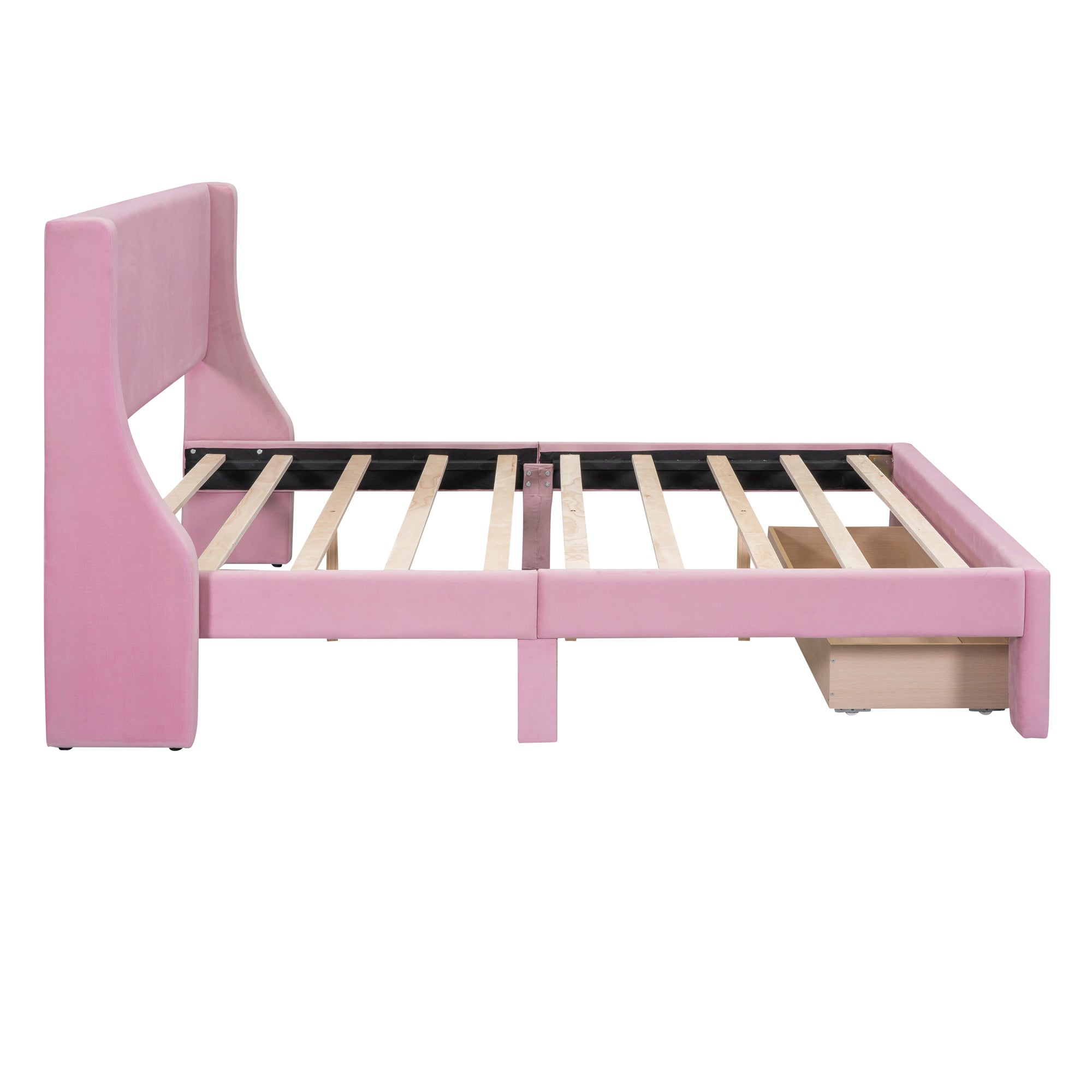 Queen Size Storage Bed Velvet Upholstered Platform Bed with a Big Drawer - Pink - Atlantic Fine Furniture Melbourne FL