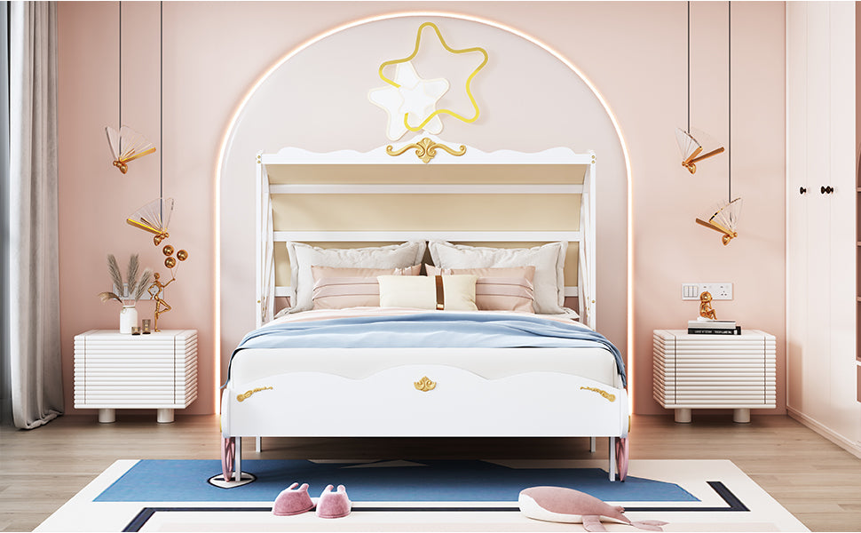 Full Size Princess Carriage Bed with Canopy, Wood Platform Car Bed with 3D Carving Pattern, White+Pink+Gold - Atlantic Fine Furniture Melbourne FL