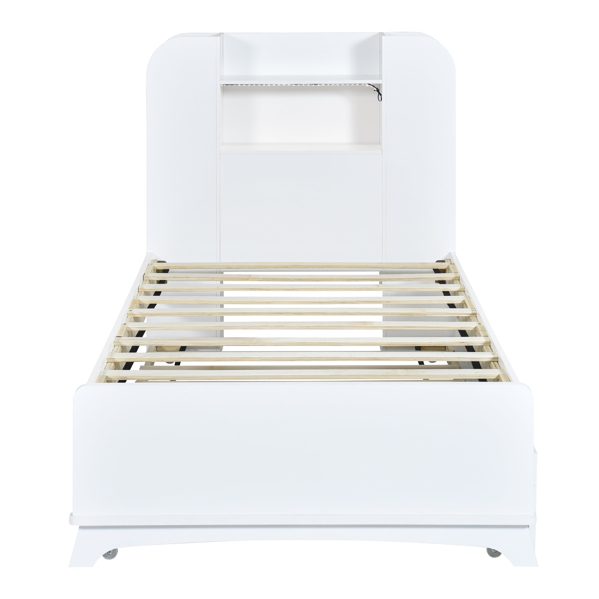 Twin Size Storage Platform Bed Frame with with Trundle and Light Strip Design in Headboard,White - Atlantic Fine Furniture Melbourne FL
