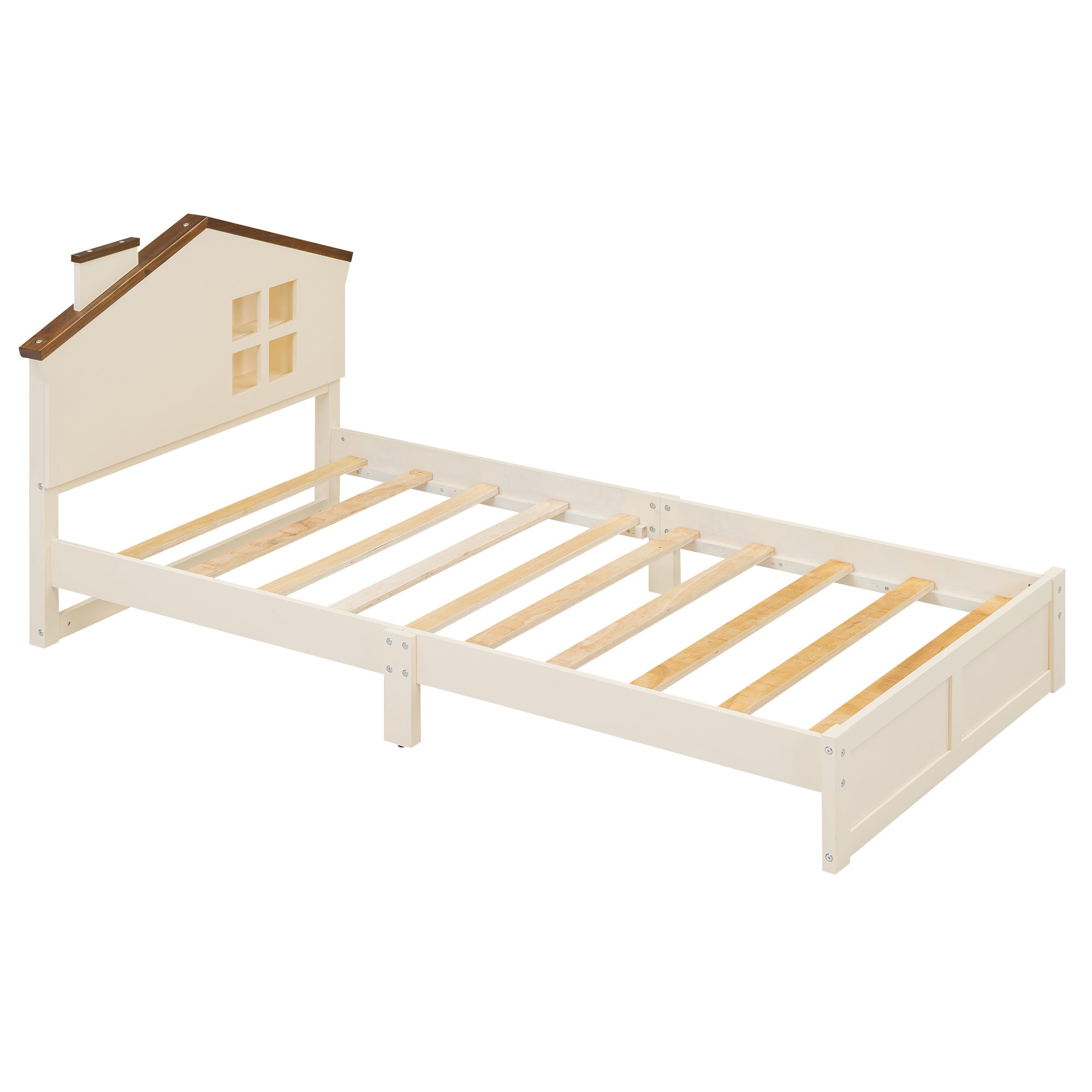 Twin Size Wood Platform Bed with House-shaped Headboard and Built-in LED, Walnut+Milk White - Atlantic Fine Furniture Melbourne FL