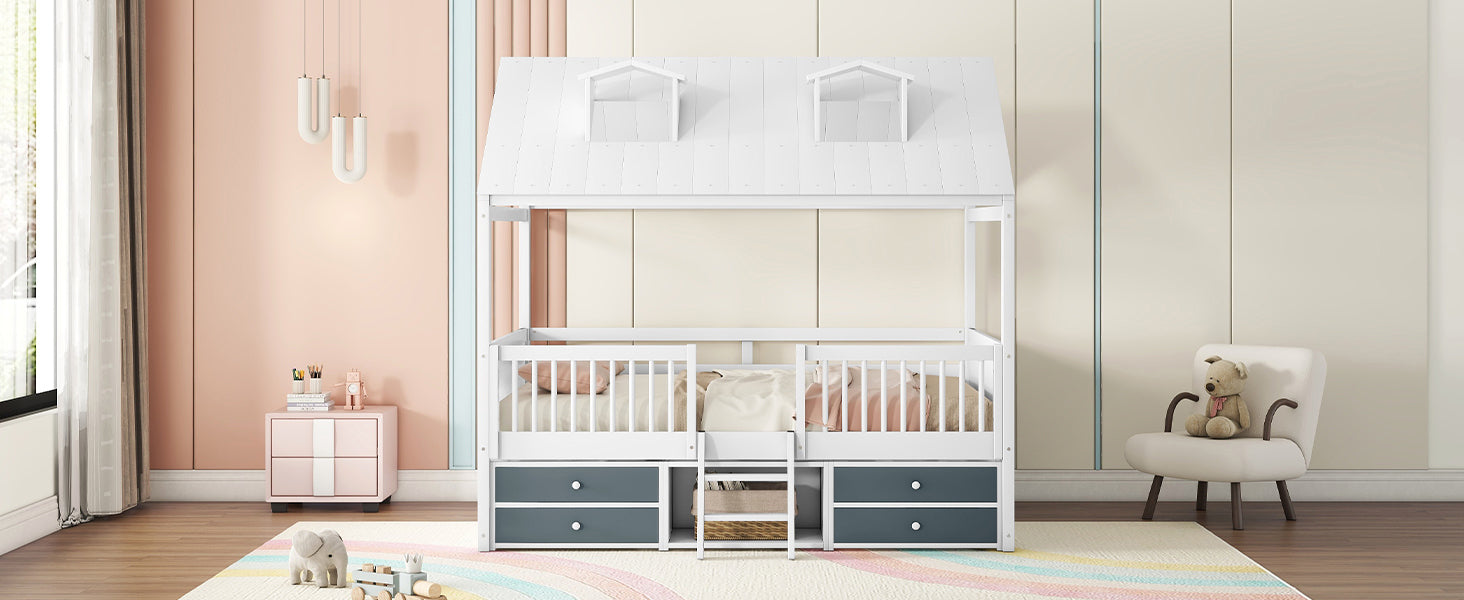 Full Size Wood Bed House Bed Frame,White - Atlantic Fine Furniture Melbourne FL