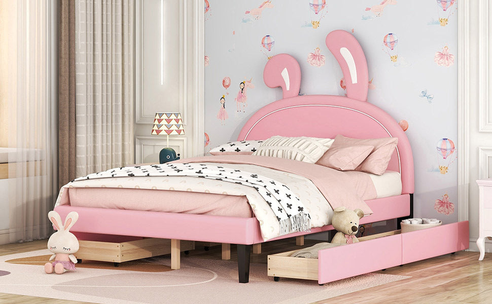 Full Size Upholstered Leather Platform Bed with Rabbit Ornament and 4 Drawers, Pink - Atlantic Fine Furniture Melbourne FL