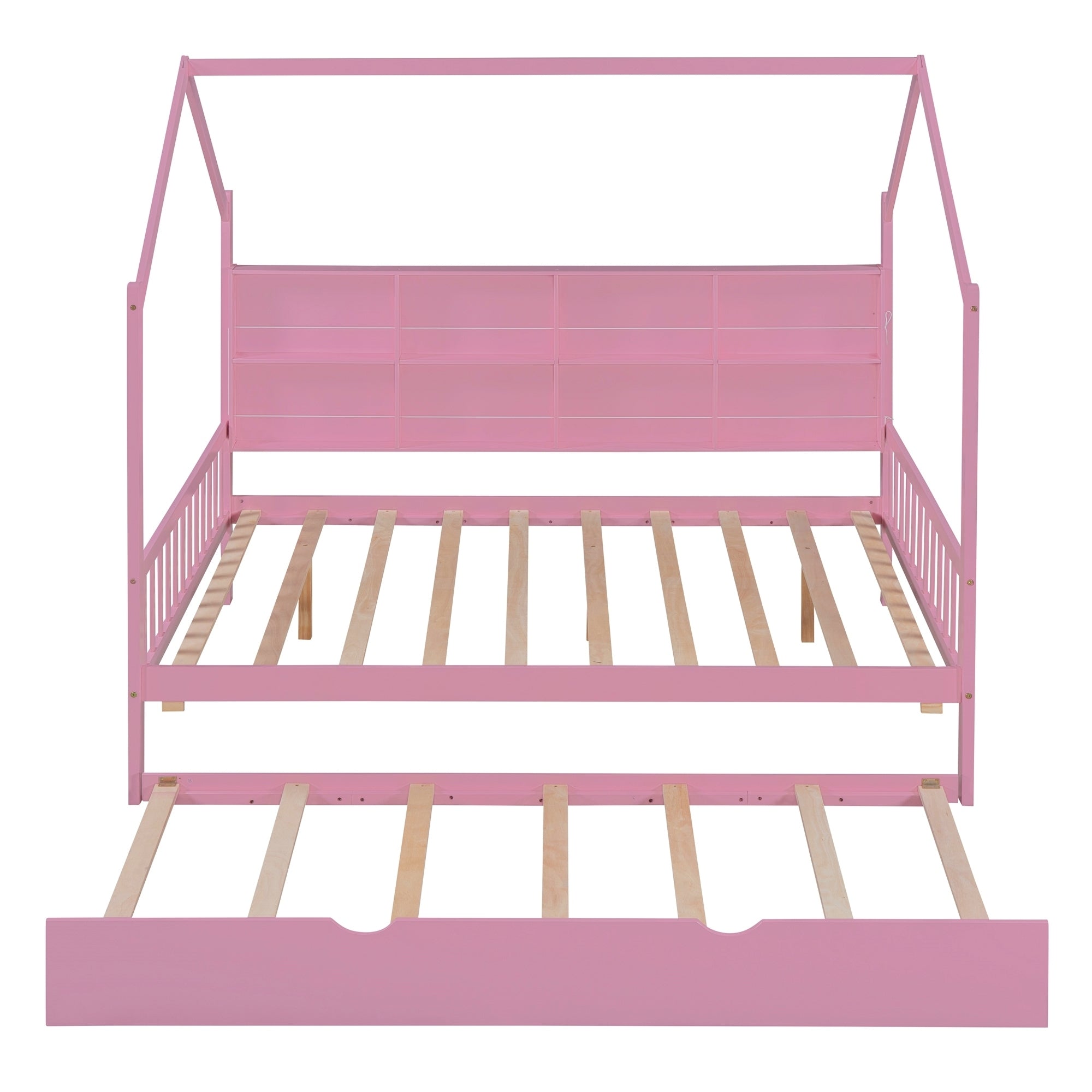 Wooden Full Size House Bed with Trundle,Kids Bed with Shelf,Pink - Atlantic Fine Furniture Melbourne FL