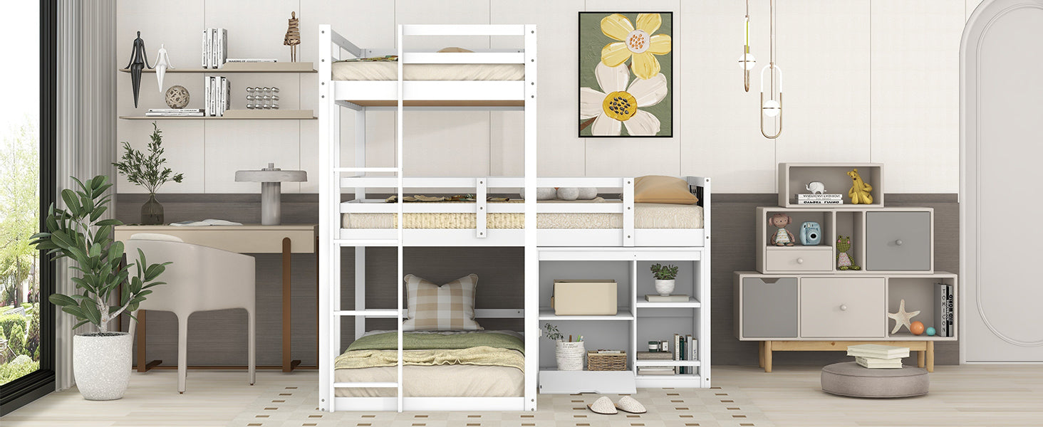 L-shaped Wood Triple Twin Size Bunk Bed with Storage Cabinet and Blackboard, Ladder, White