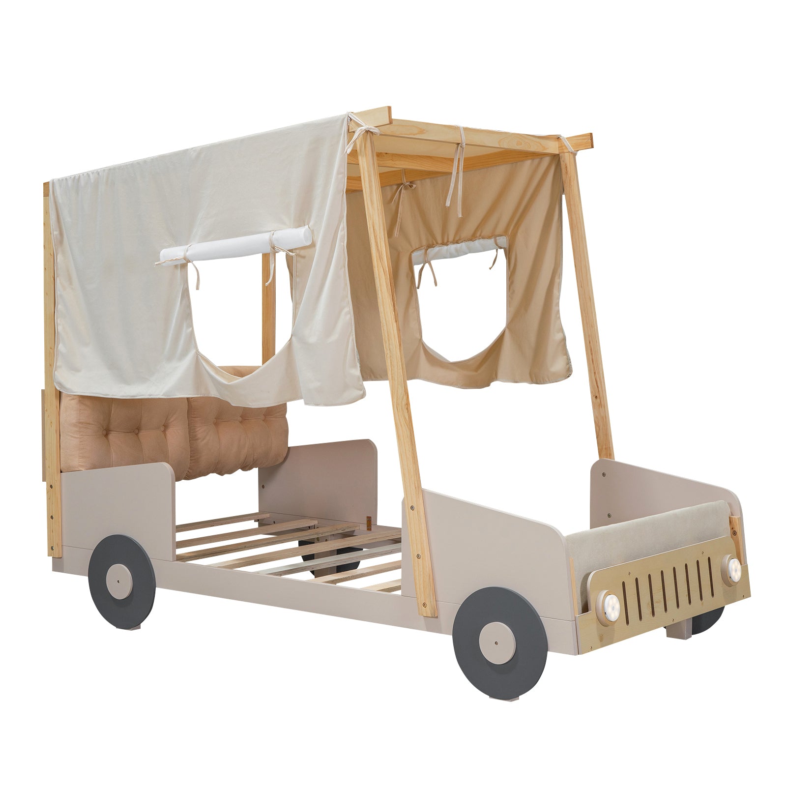 Wood Twin Size Car Bed with Pillow, Ceiling Cloth and LED, Natural - Atlantic Fine Furniture Melbourne FL