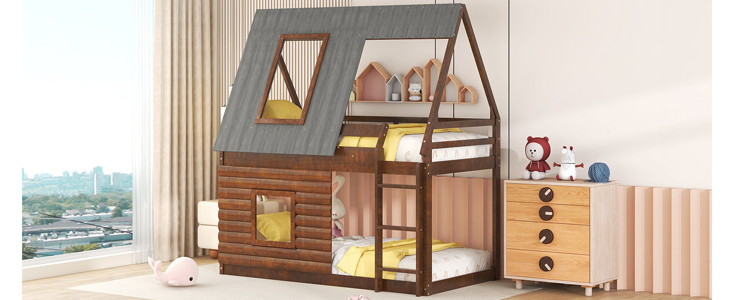 Wood Twin Size House Bunk Bed with Roof, Ladder and 2 Windows, Oak & Smoky Grey - Atlantic Fine Furniture Melbourne FL