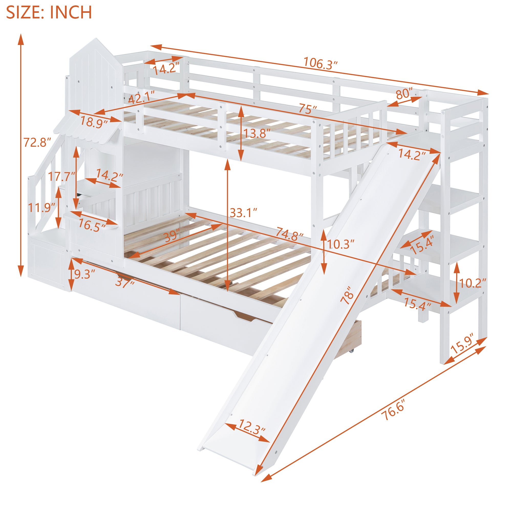 Twin-Over-Twin Castle Style Bunk Bed with 2 Drawers 3 Shelves and Slide - White - Atlantic Fine Furniture Melbourne FL